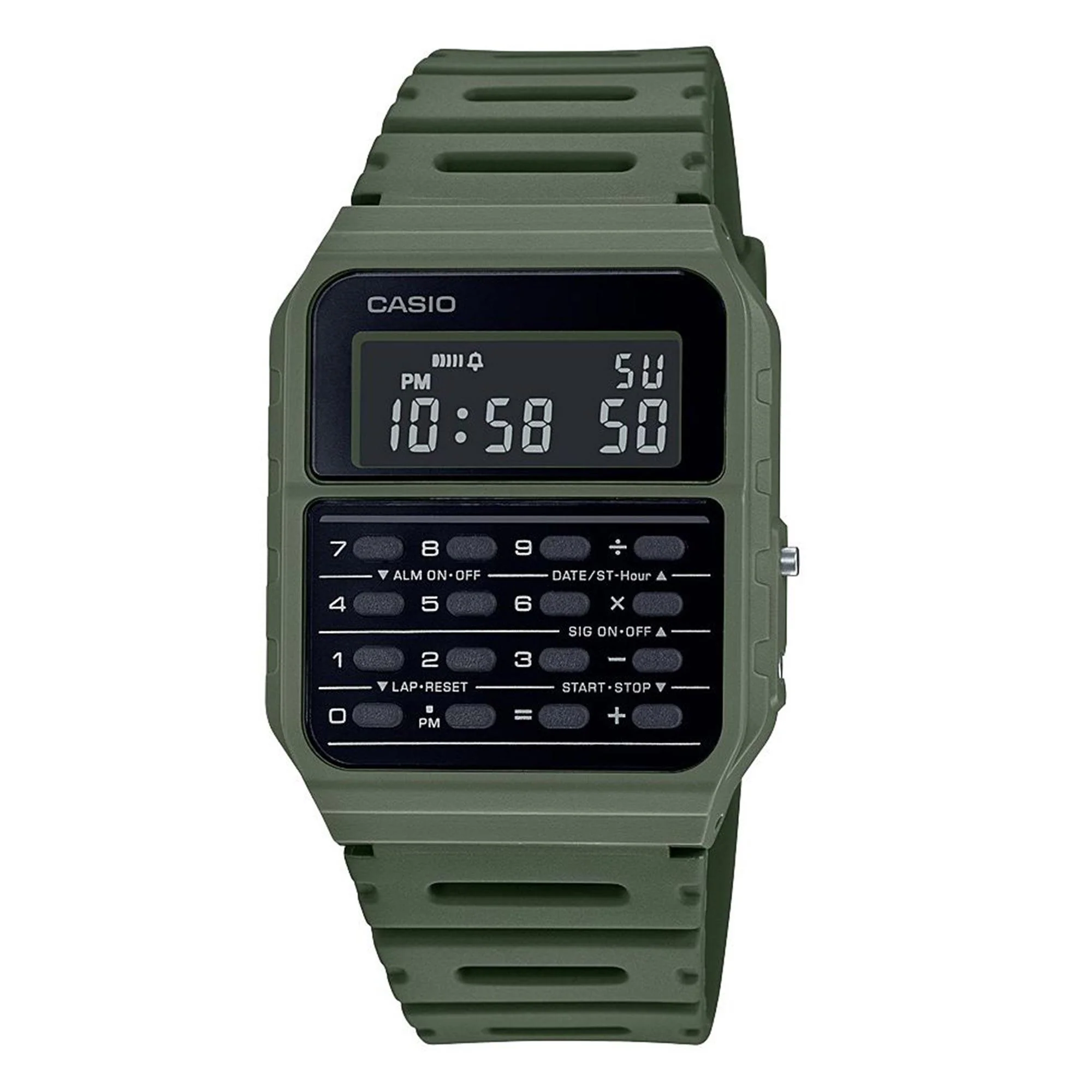 Casio Vintage Quartz Black Dial Green Resin Strap Unisex Calculator Watch CA-53WF-3BEF - Image 2