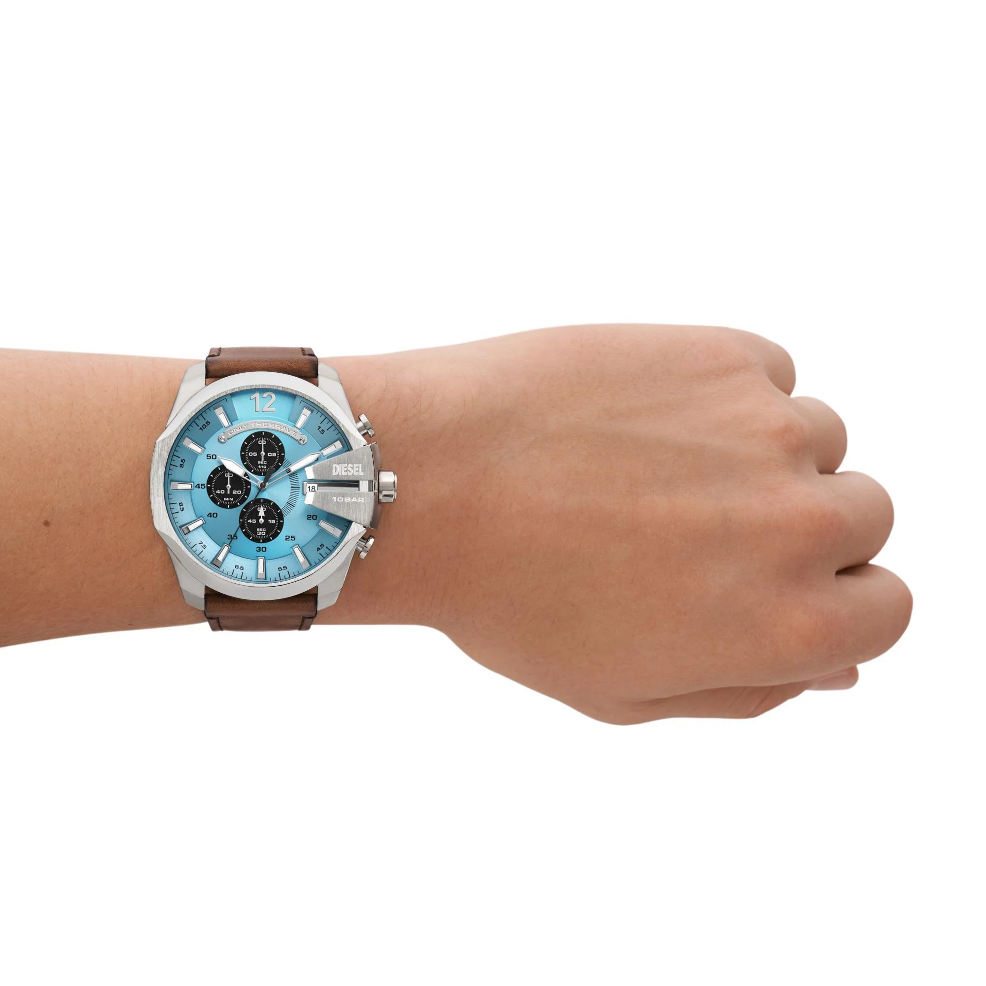 Diesel Mega Chief Chronograph Brown Leather Blue Dial Men's Watch DZ4657 - Image 10