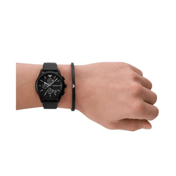 Emporio Armani Chronograph Black Leather Strap Black Dial Men's Watch and Bracelet Gift Set AR80070SET - Image 4