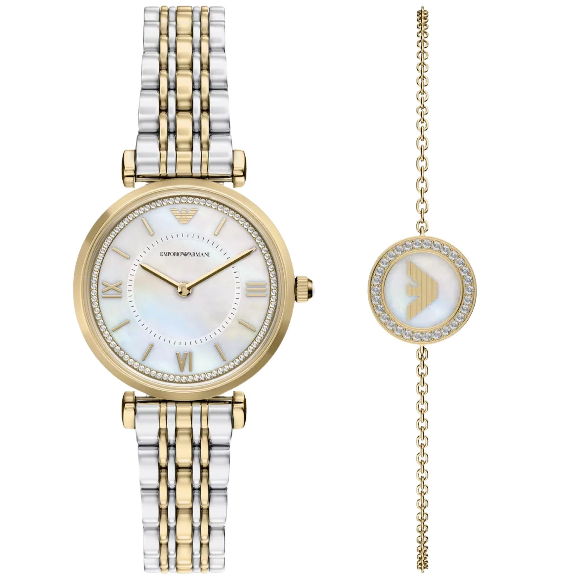 Emporio Armani Quartz White Mother of Pearl Dial Steel Strap Women's Watch Set AR80086SET