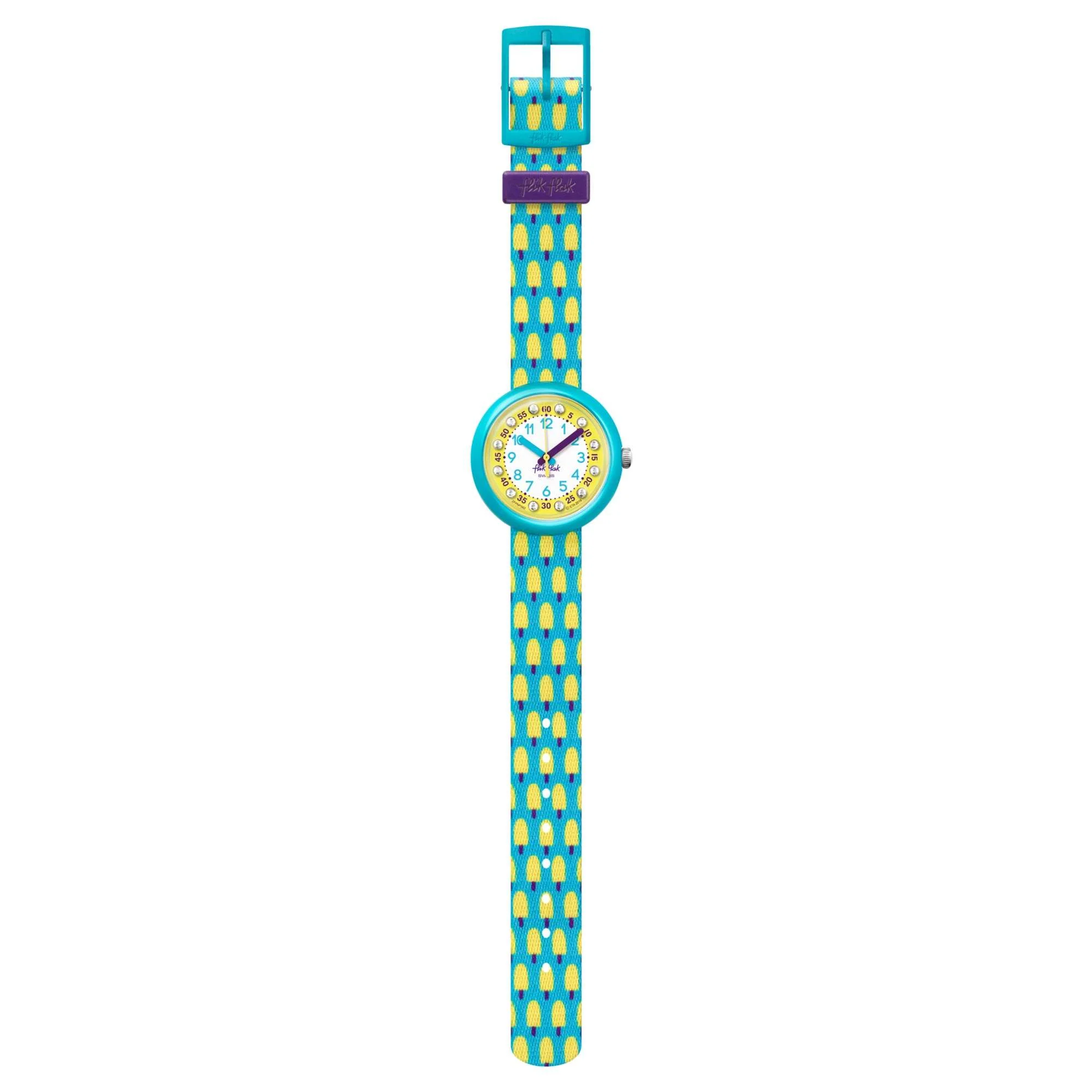 Flik Flak Pool in Miami Lemon Freeze Quartz Movement Yellow Dial Textile Bracelet Kids Watch FPNP062 - Image 2