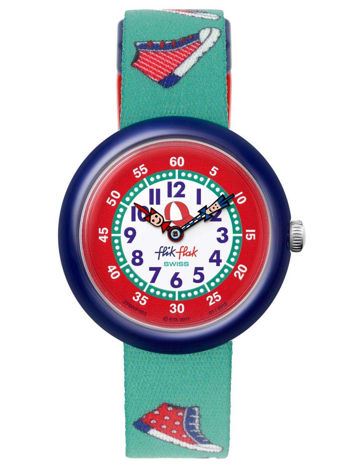 Flik Flak Sneaky Blue Plastic Case Green Textile Strap Kids Boys Shoes Watch FBNP103 32mm
