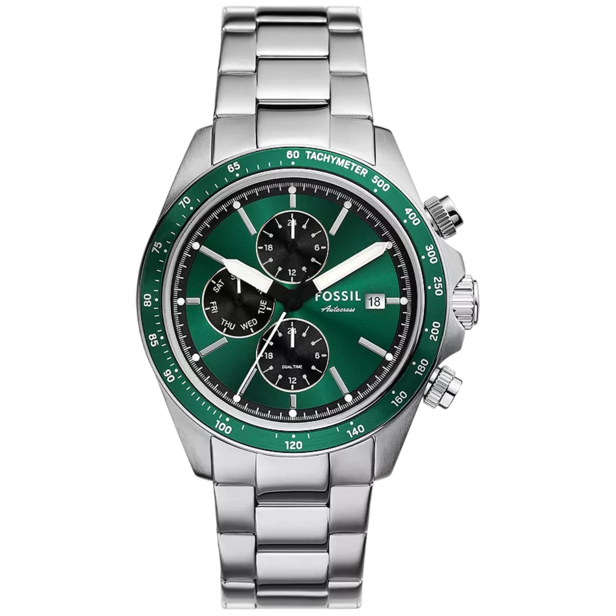 Fossil Autocross Quartz Chronograph Green Dial Steel Strap Men's Watch FS6127