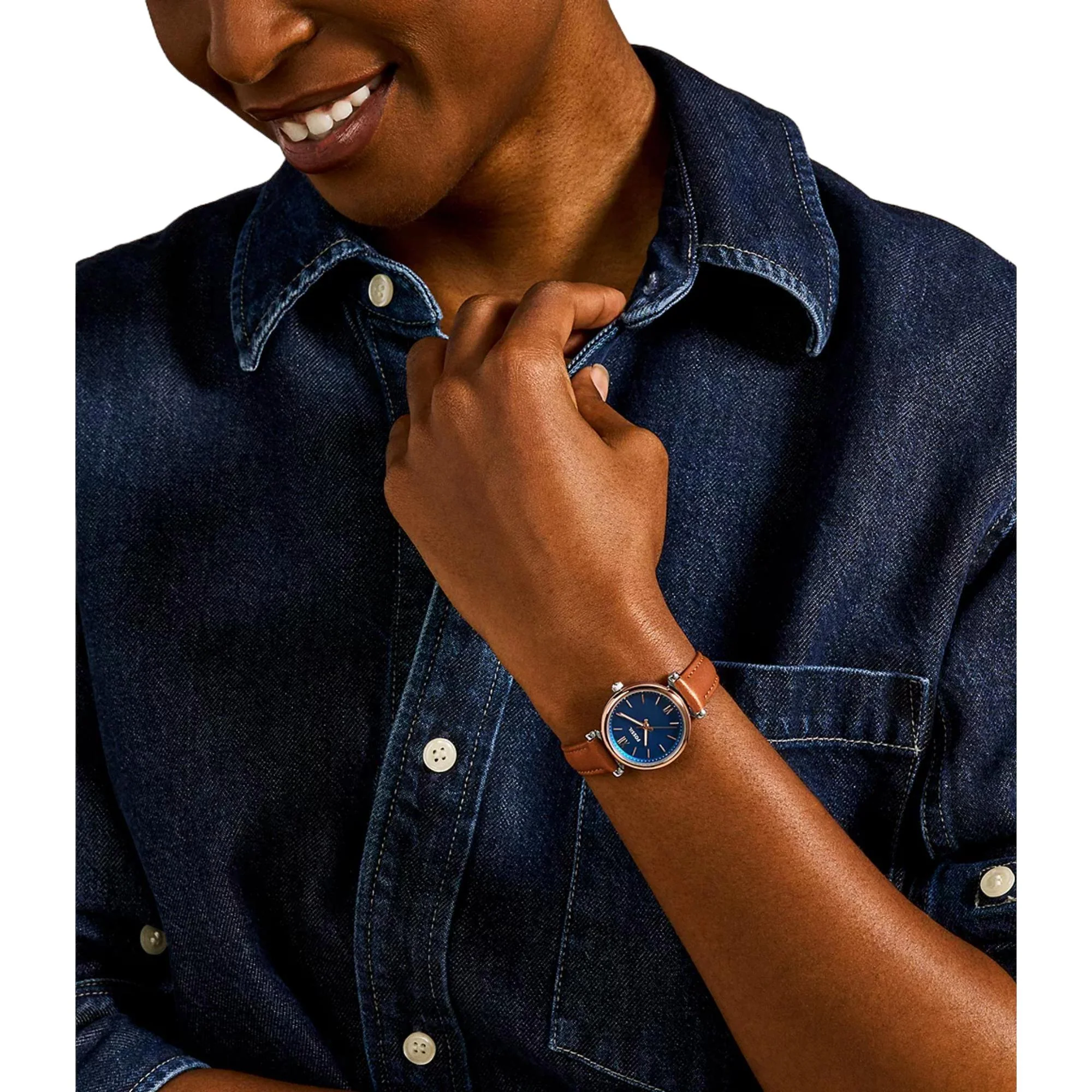 Fossil Carlie Mini Tan Leather Strap Blue Mother of Pearl Dial Women’s Watch ES4701 - Image 4