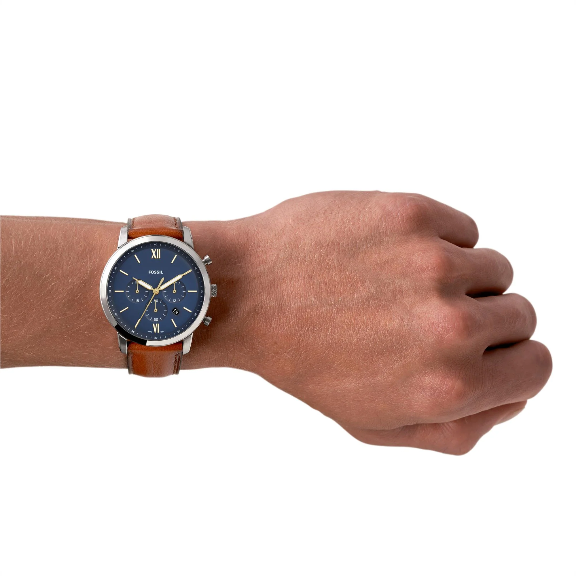 Fossil Neutra Chrono Stainless Steel Brown Leather Strap Blue Dial Men's Watch FS5453 - Image 7