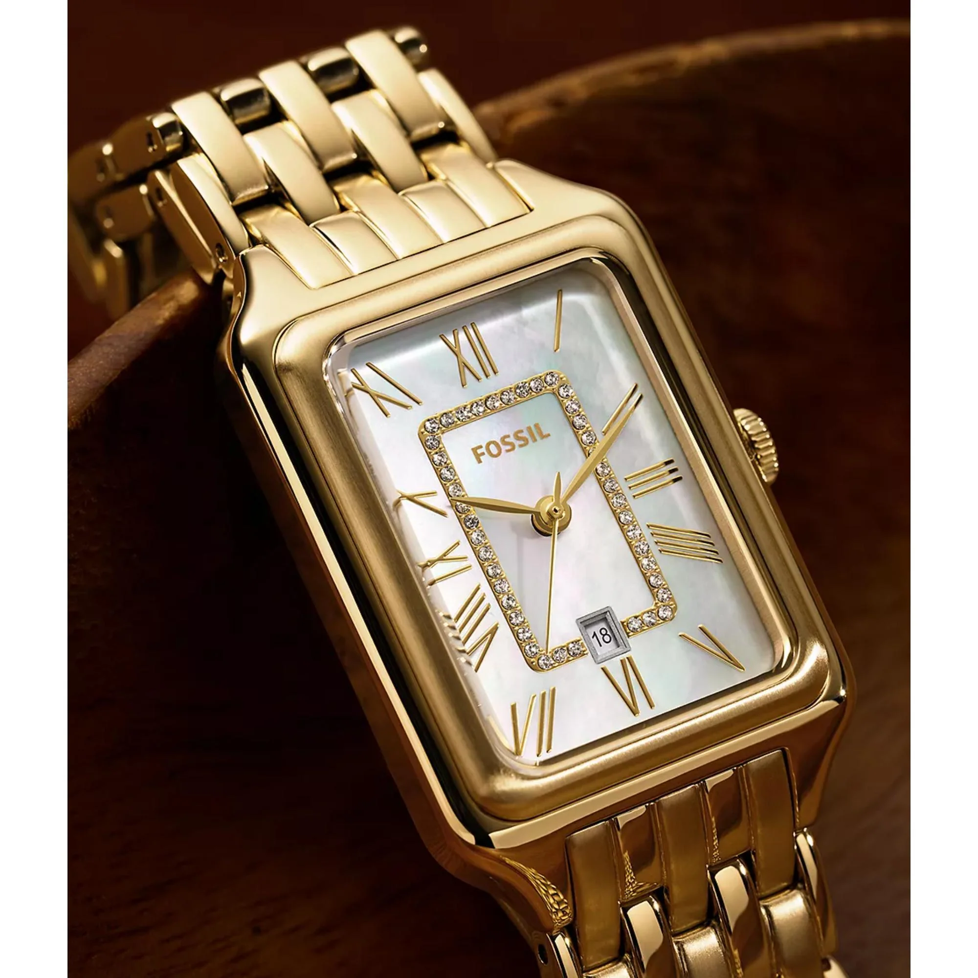 Fossil Raquel Date Gold-Tone Stainless Steel White Mother of Pearl Dial Women’s Watch ES5304 - Image 5
