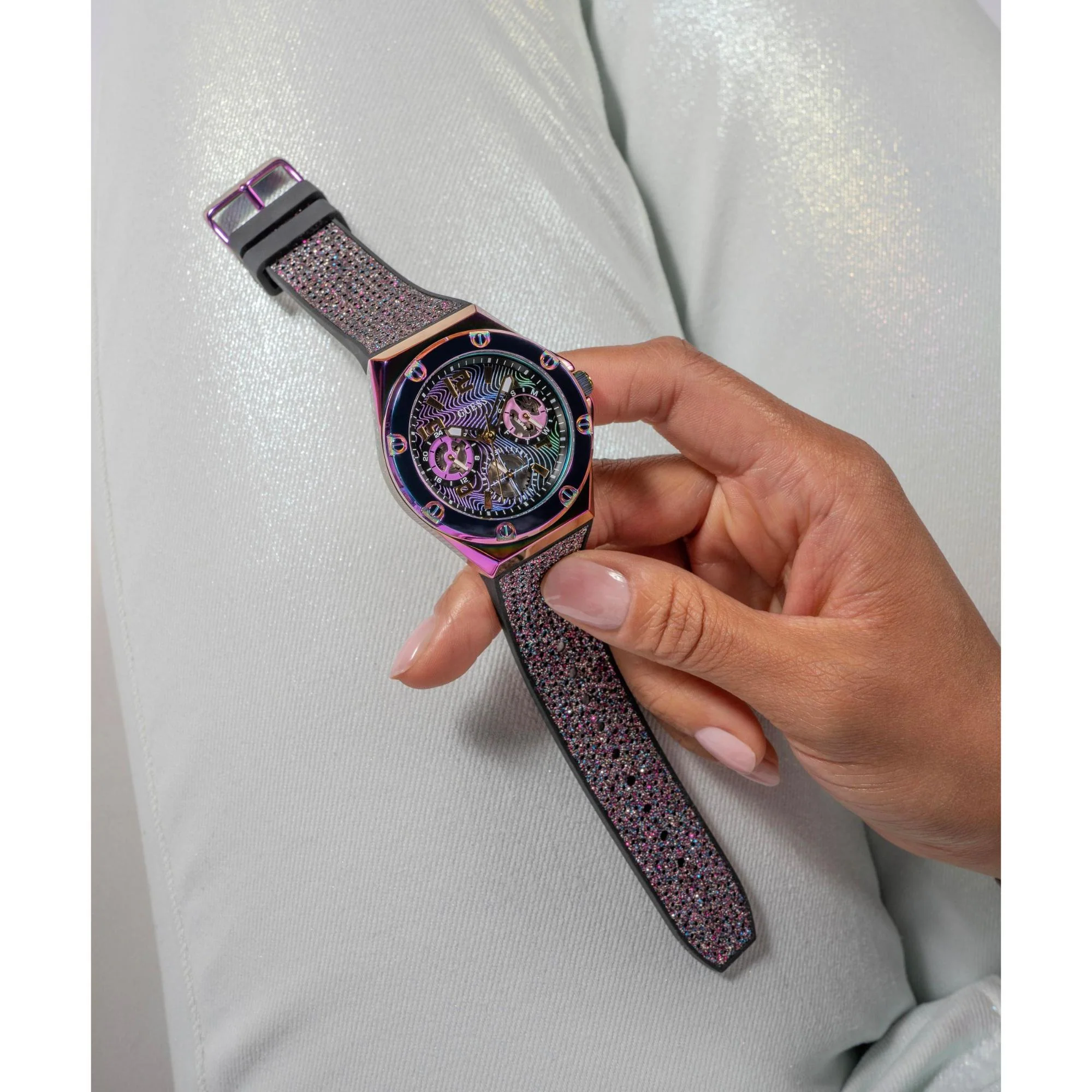 GUESS 2-Tone Iridescent Multi-Function Multicoloured Dial Ladies Watch GW0620L4 - Image 6