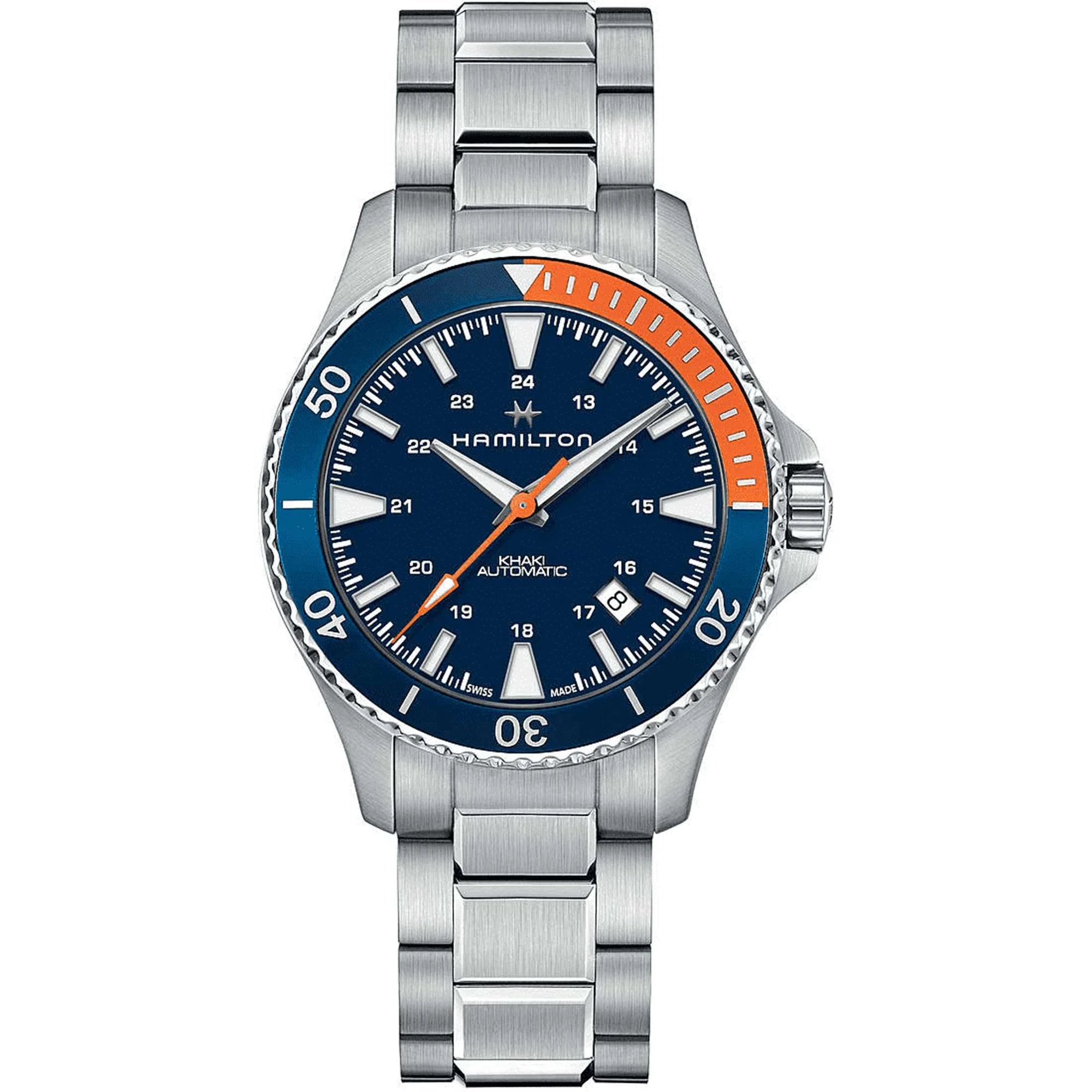 Hamilton Khaki Navy Scuba Automatic Blue Orange Stainless Steel Bracelet Blue Dial Men's Watch H82365141