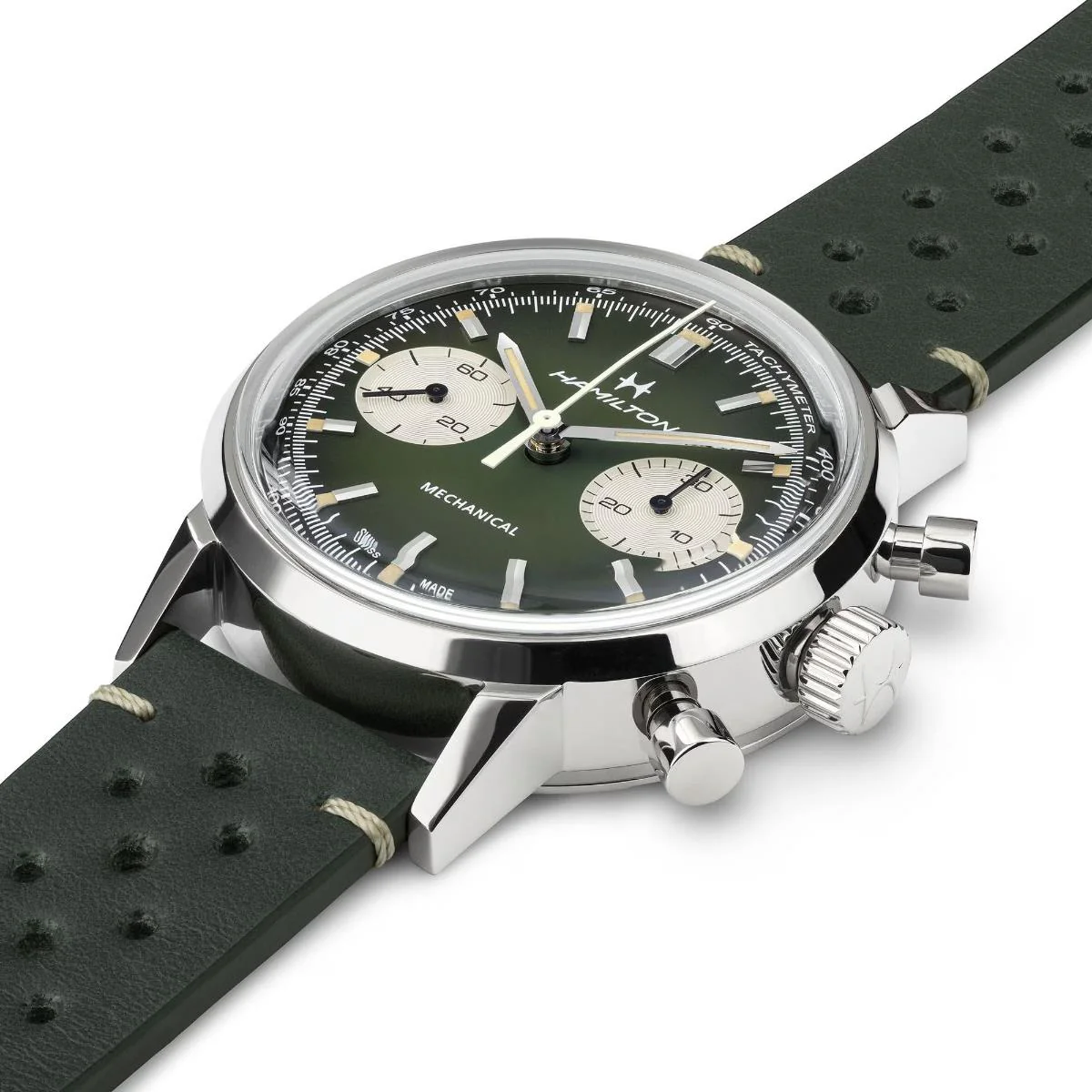 Hamilton American Classic Intra-Matic Chronograph H Green Dial Leather Strap Unisex Watch H38429861 - Image 6
