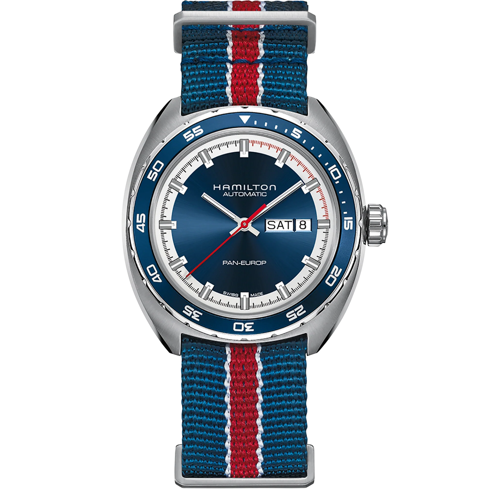 Hamilton American Classic Pan Europ Day Date Automatic Blue Dial Leather & NATO Strap Men's Watch H35405741 - Image 5