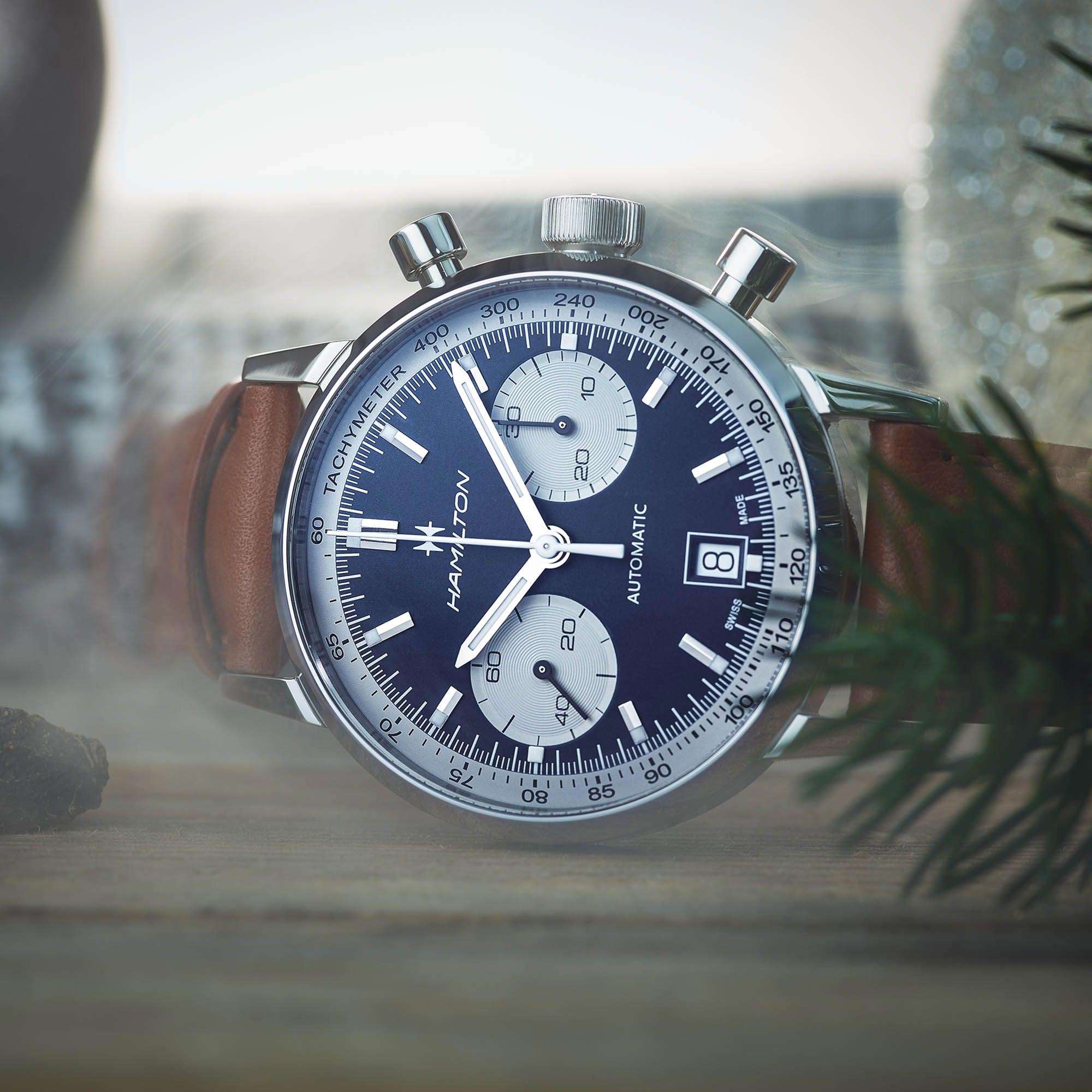 Hamilton American Classic Intra-Matic Chronograph Blue Dial Leather Strap Men's Watch H38416541 - Image 8
