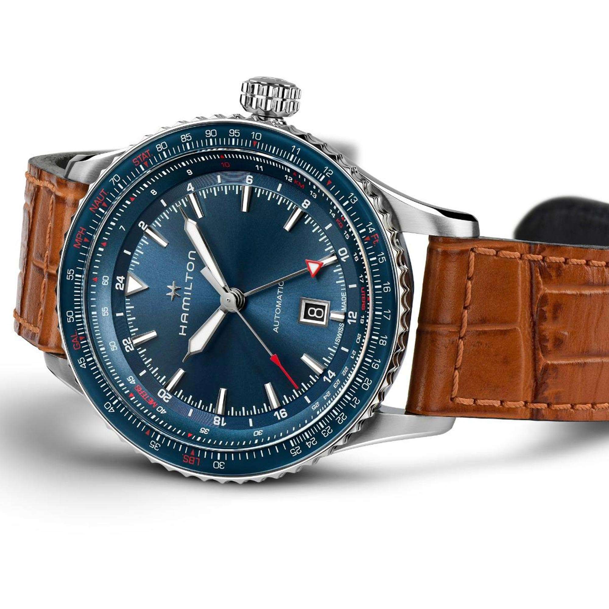 Hamilton Khaki Aviation Converter Automatic GMT Blue Dial Brown Leather Strap Men's Watch H76715540 - Image 2