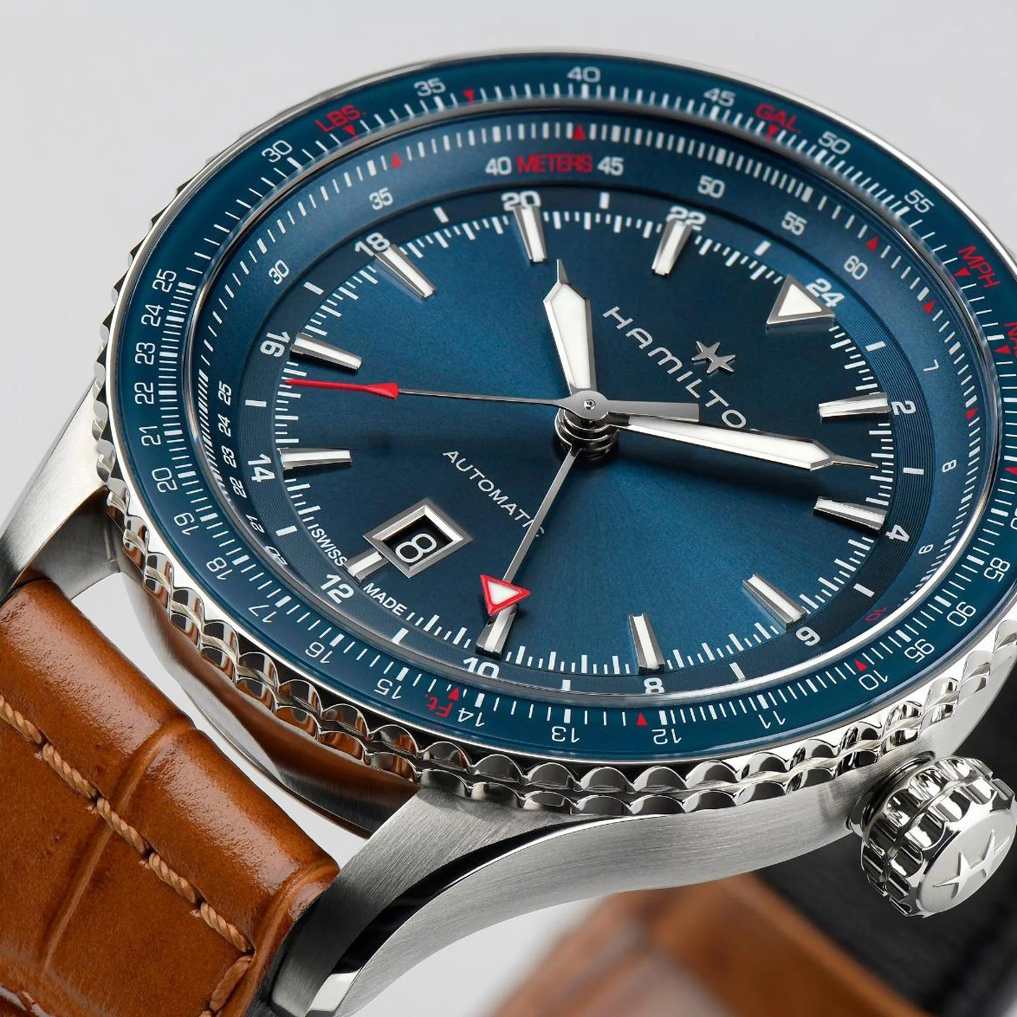 Hamilton Khaki Aviation Converter Automatic GMT Blue Dial Brown Leather Strap Men's Watch H76715540 - Image 9
