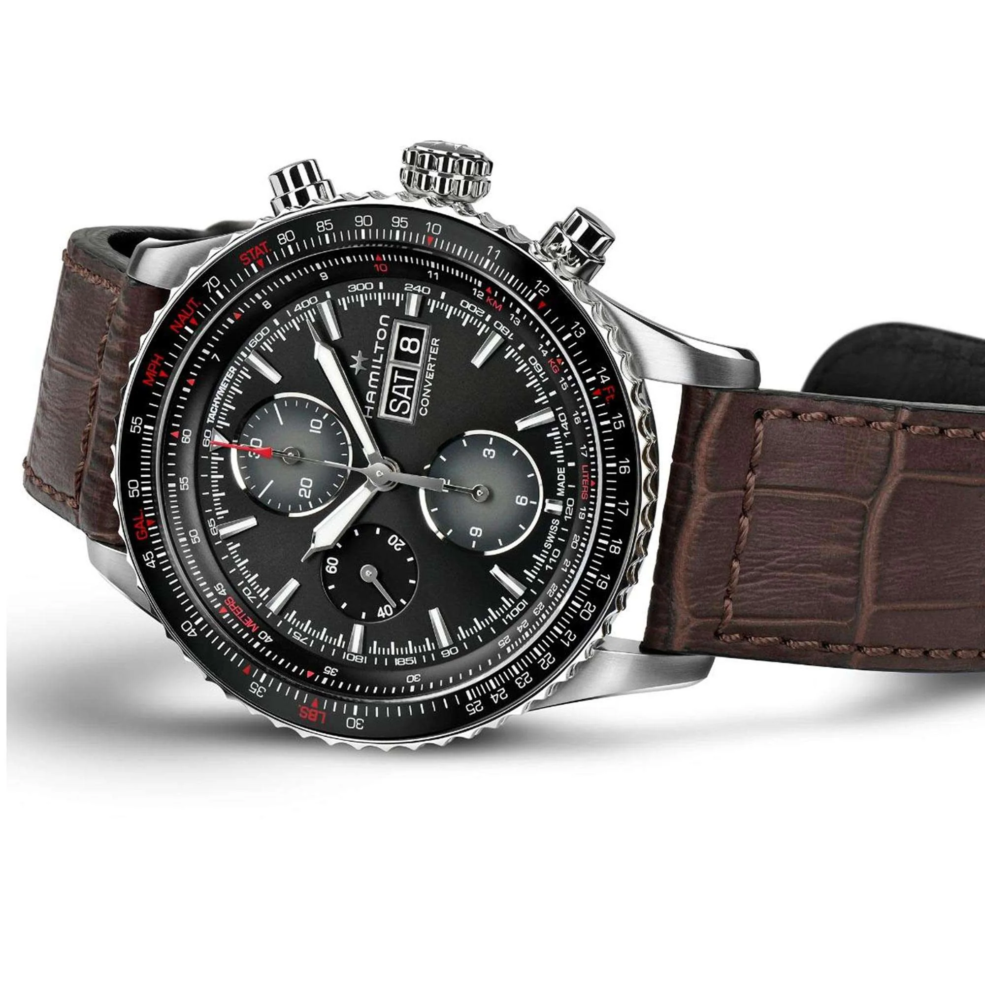 Hamilton Khaki Aviation Converter Automatic Chronograph Black Dial Brown Leather Strap Men's Watch H76726530 - Image 2