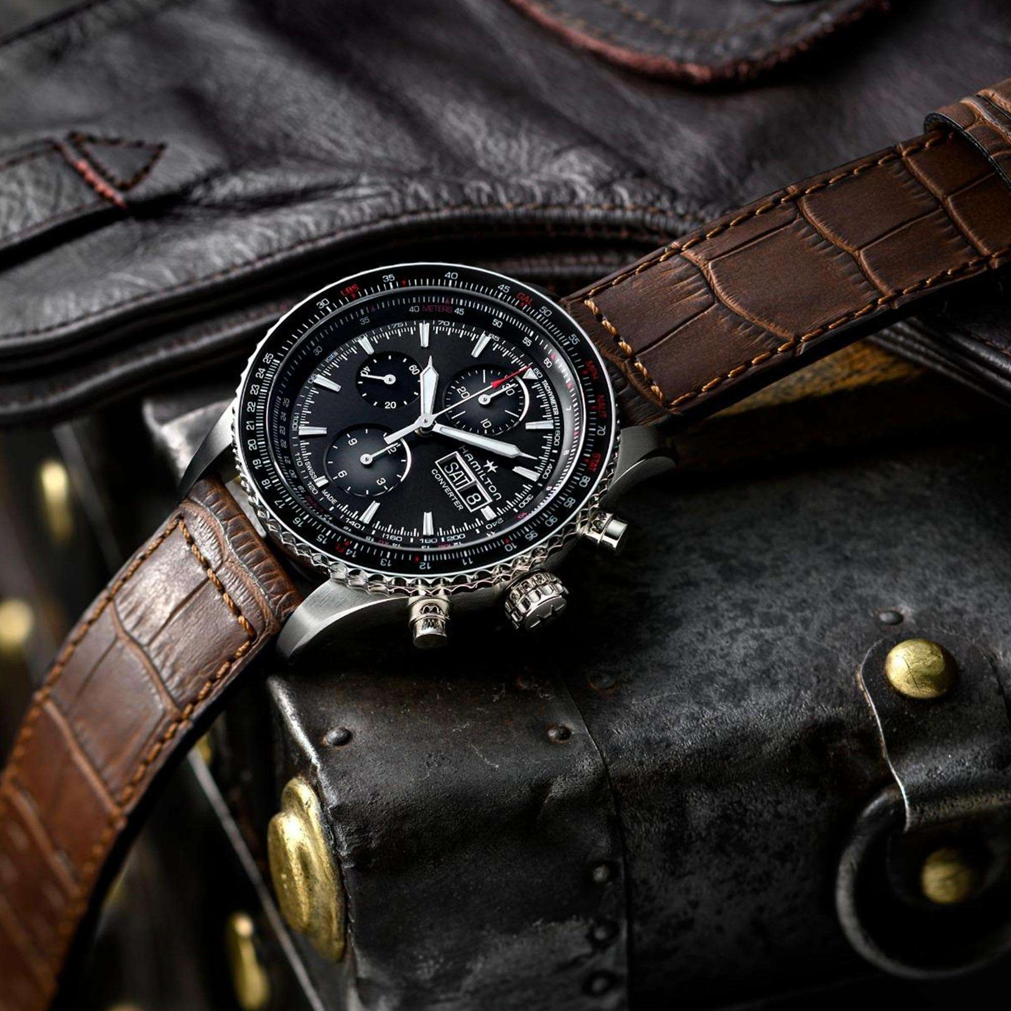 Hamilton Khaki Aviation Converter Automatic Chronograph Black Dial Brown Leather Strap Men's Watch H76726530 - Image 7