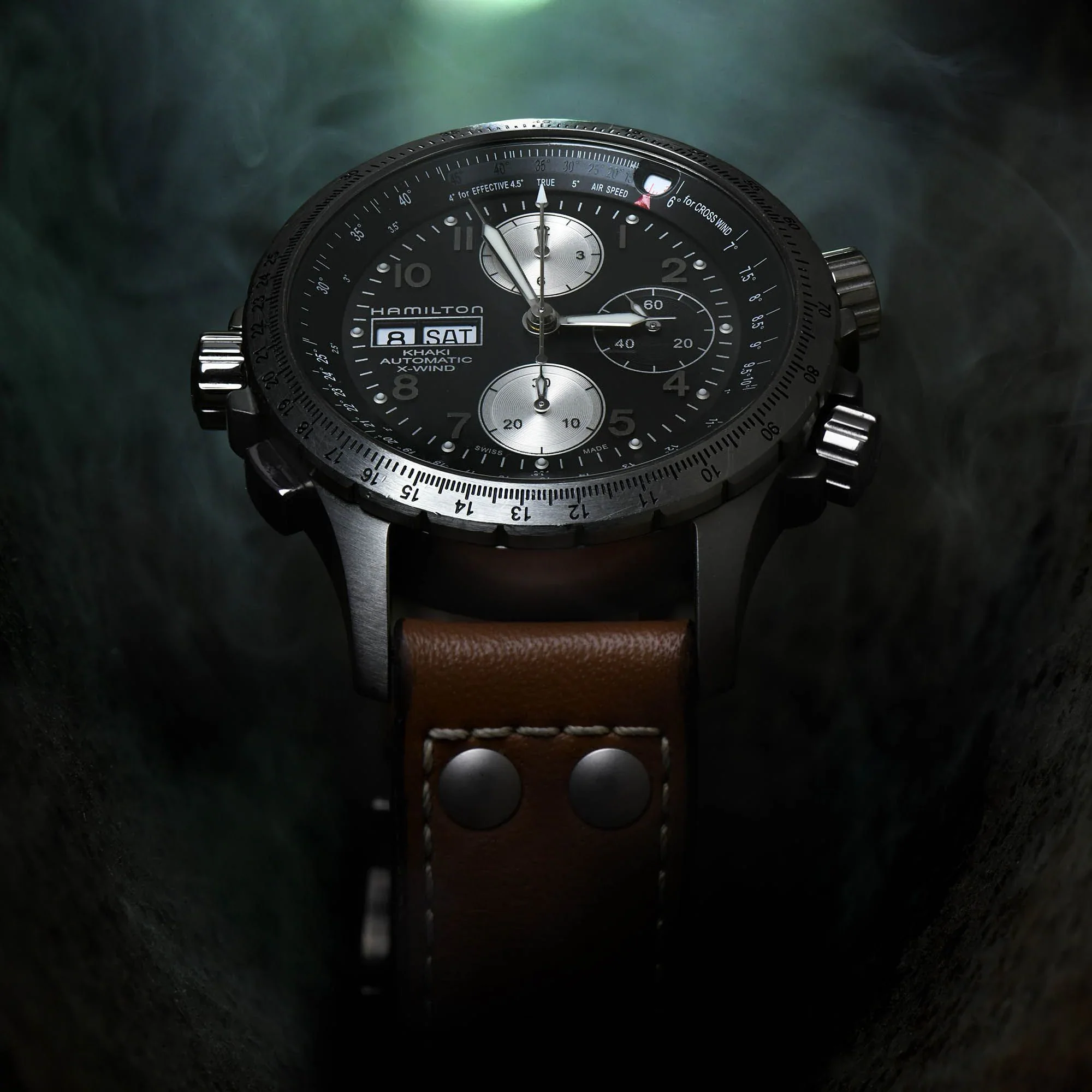 Hamilton Khaki Aviation X-Wind Auto Chrono Black Dial Leather Strap Men's Watch H77616533 - Image 7