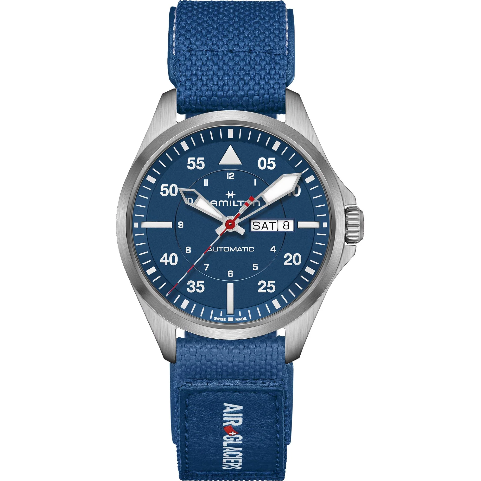 Hamilton Khaki Aviation Pilot Air-Glaciers Day Date Blue Dial Velcro Strap Men's Watch H64655941