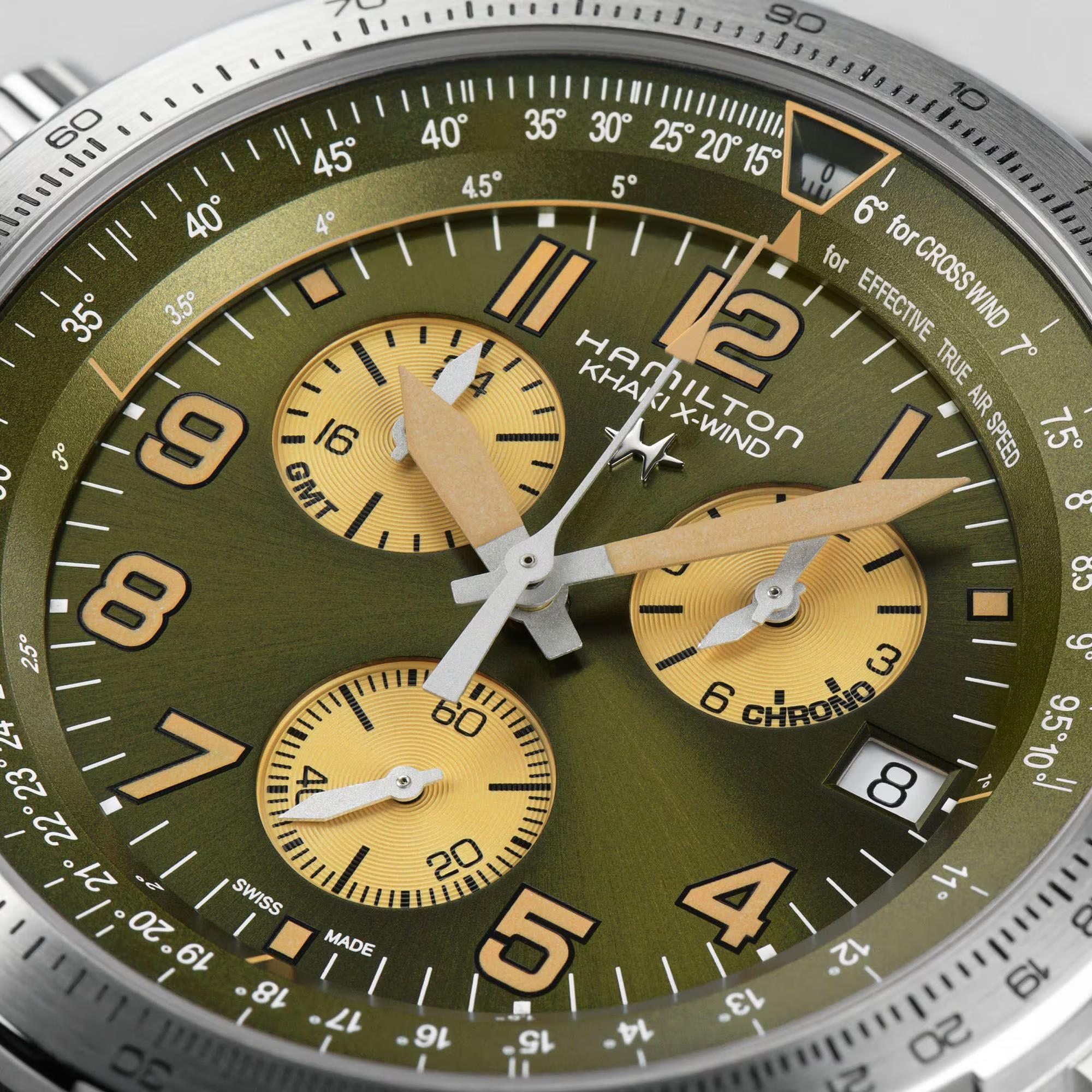 Hamilton Khaki Aviation X-Wind GMT Quartz Green Dial Leather Strap Men's Watch H77932560 - Image 3