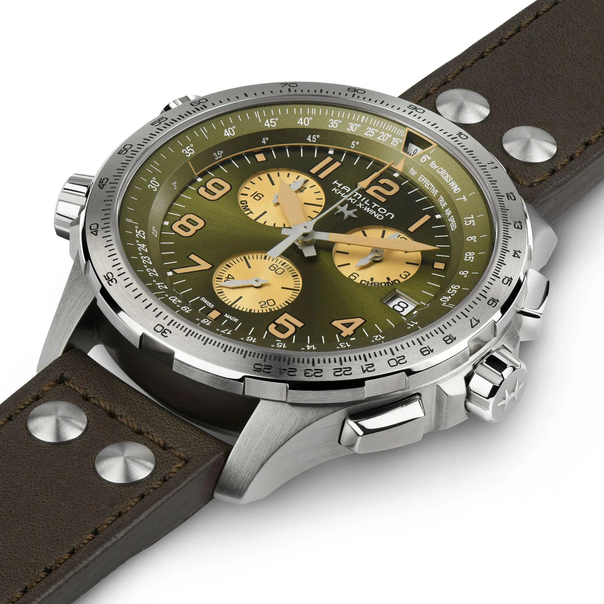 Hamilton Khaki Aviation X-Wind GMT Quartz Green Dial Leather Strap Men's Watch H77932560 - Image 5