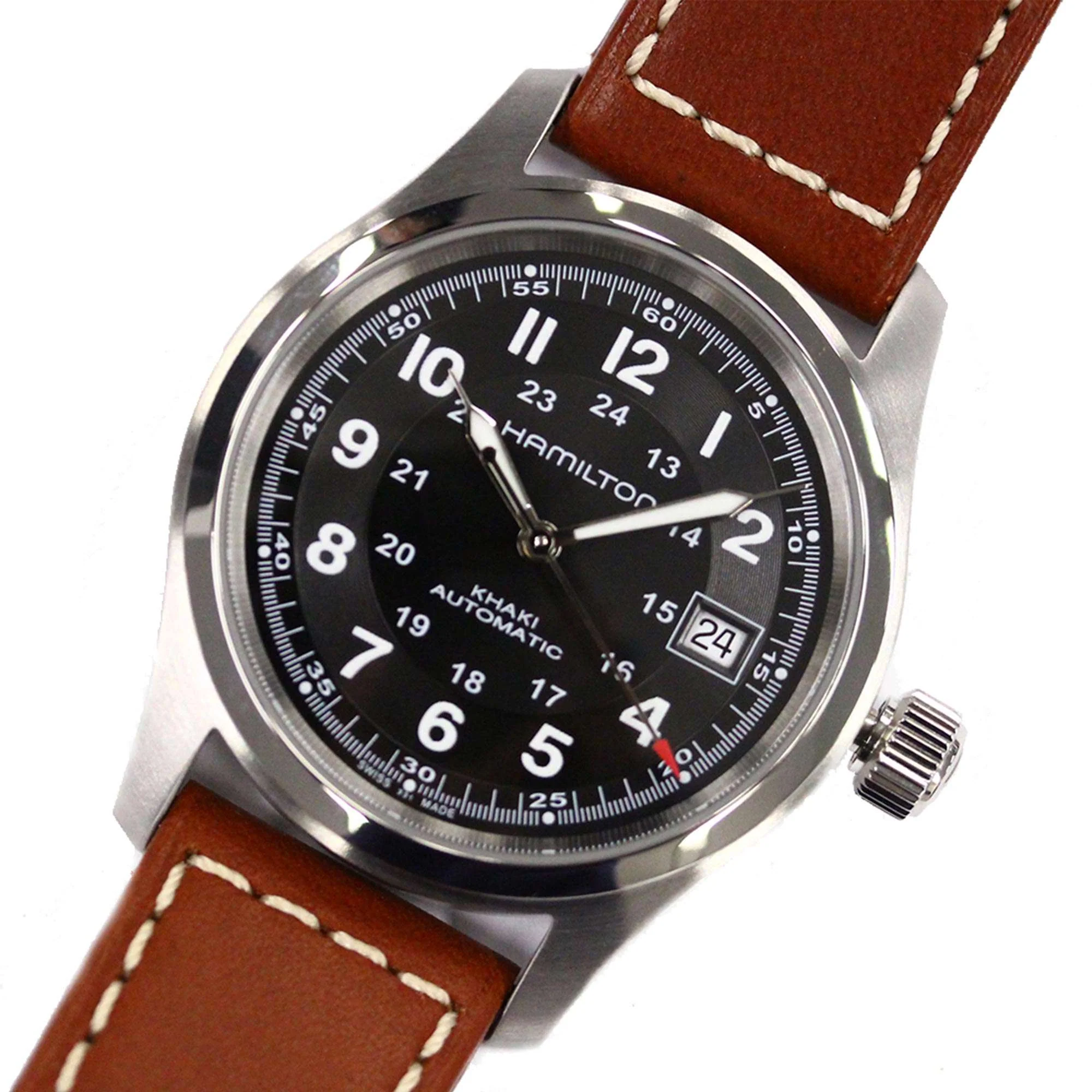 Hamilton Khaki Field Automatic Black Dial Leather Strap Men's Watch H70455533 - Image 5