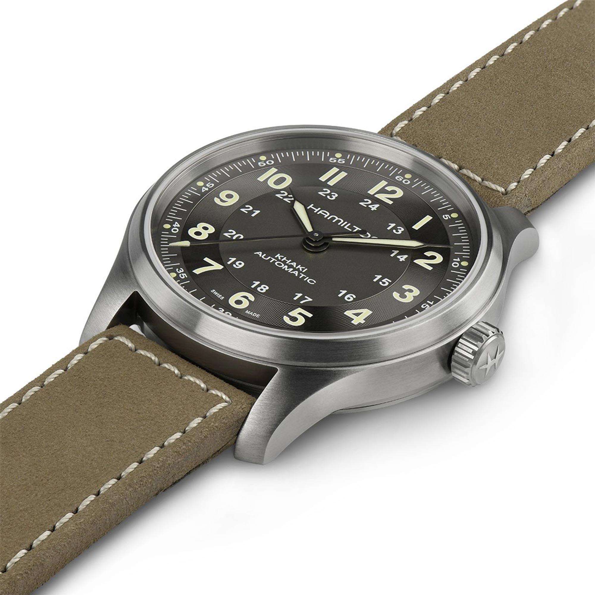 Hamilton Khaki Field Titanium Automatic Black Dial Brown Leather Strap Men's Watch H70545550 - Image 3
