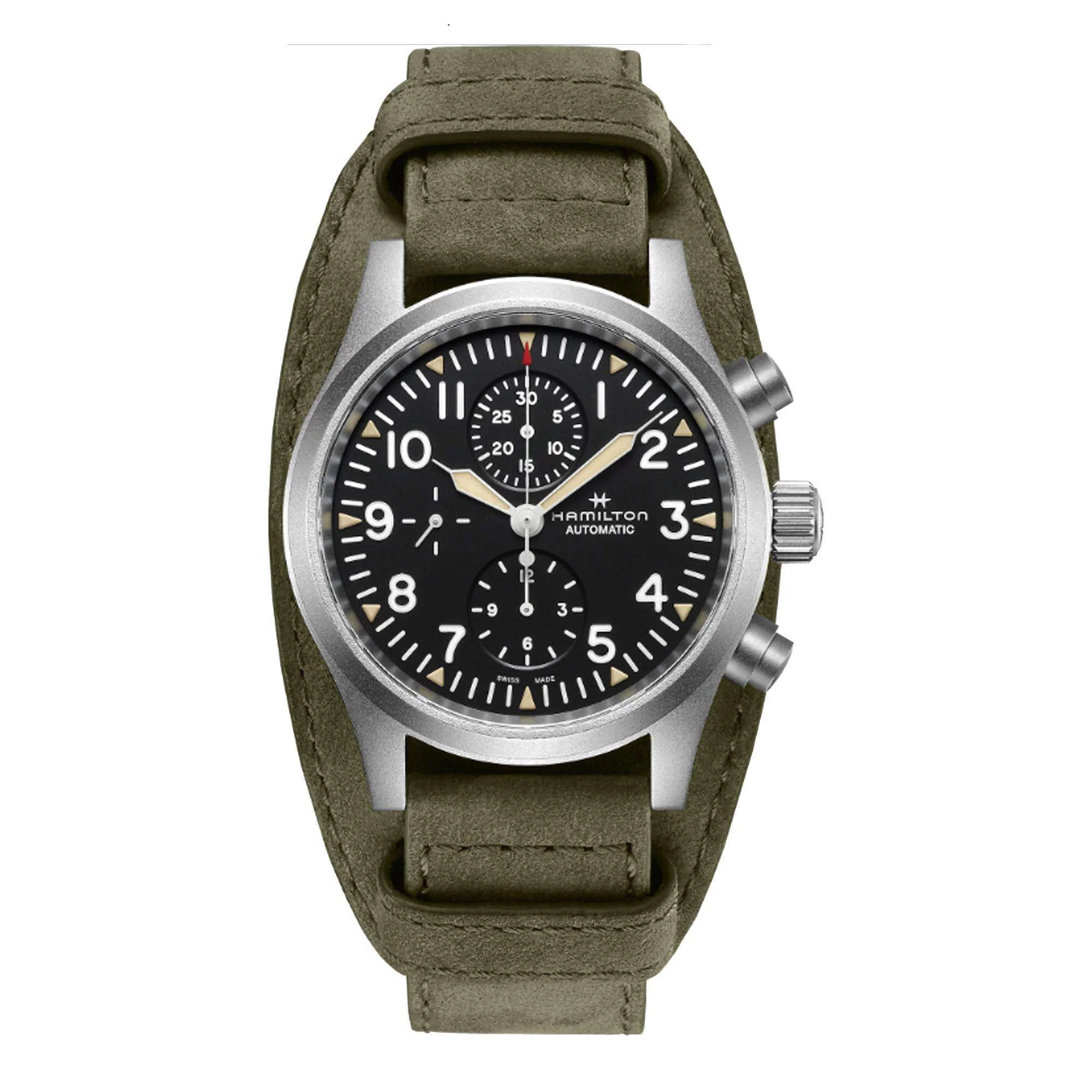 Hamilton Khaki Field Automatic Chronograph Black Dial Green Leather Bund Strap Men's Watch H71706830 - Image 2