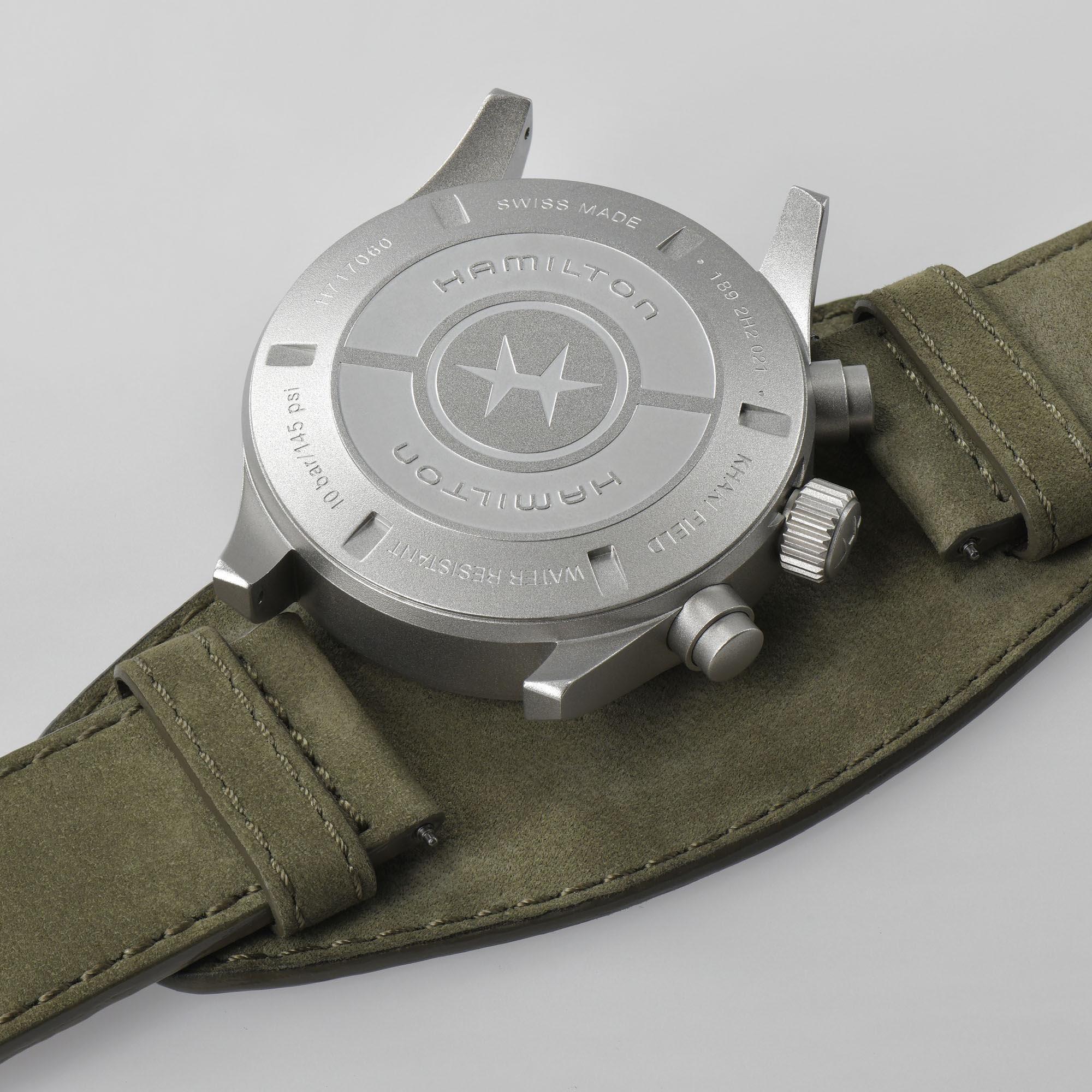 Hamilton Khaki Field Automatic Chronograph Black Dial Green Leather Bund Strap Men's Watch H71706830 - Image 3