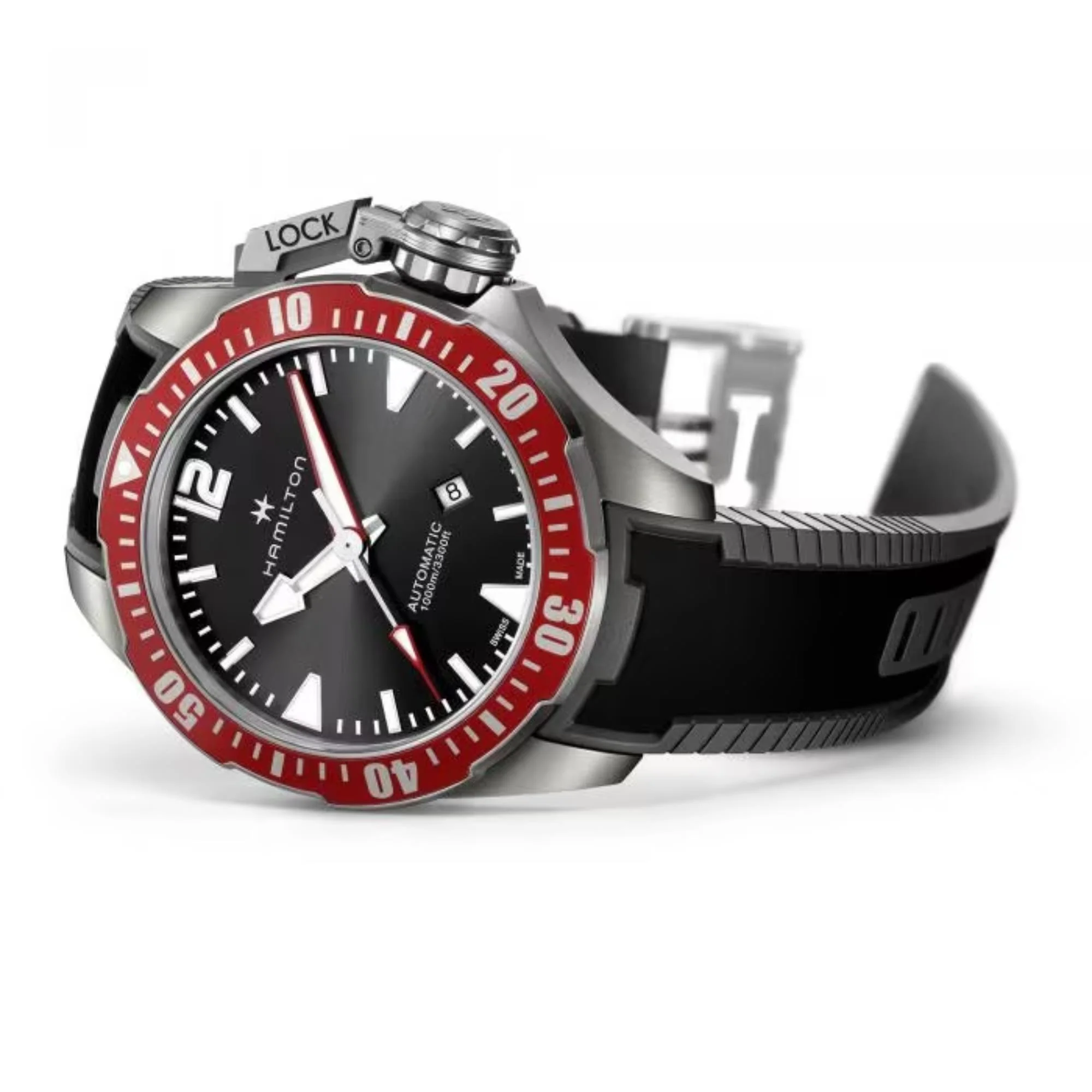 Hamilton Khaki Navy Frogman Titanium Automatic Black Dial Red Bezel Rubber Strap Men's Watch H77805335 - Image 4