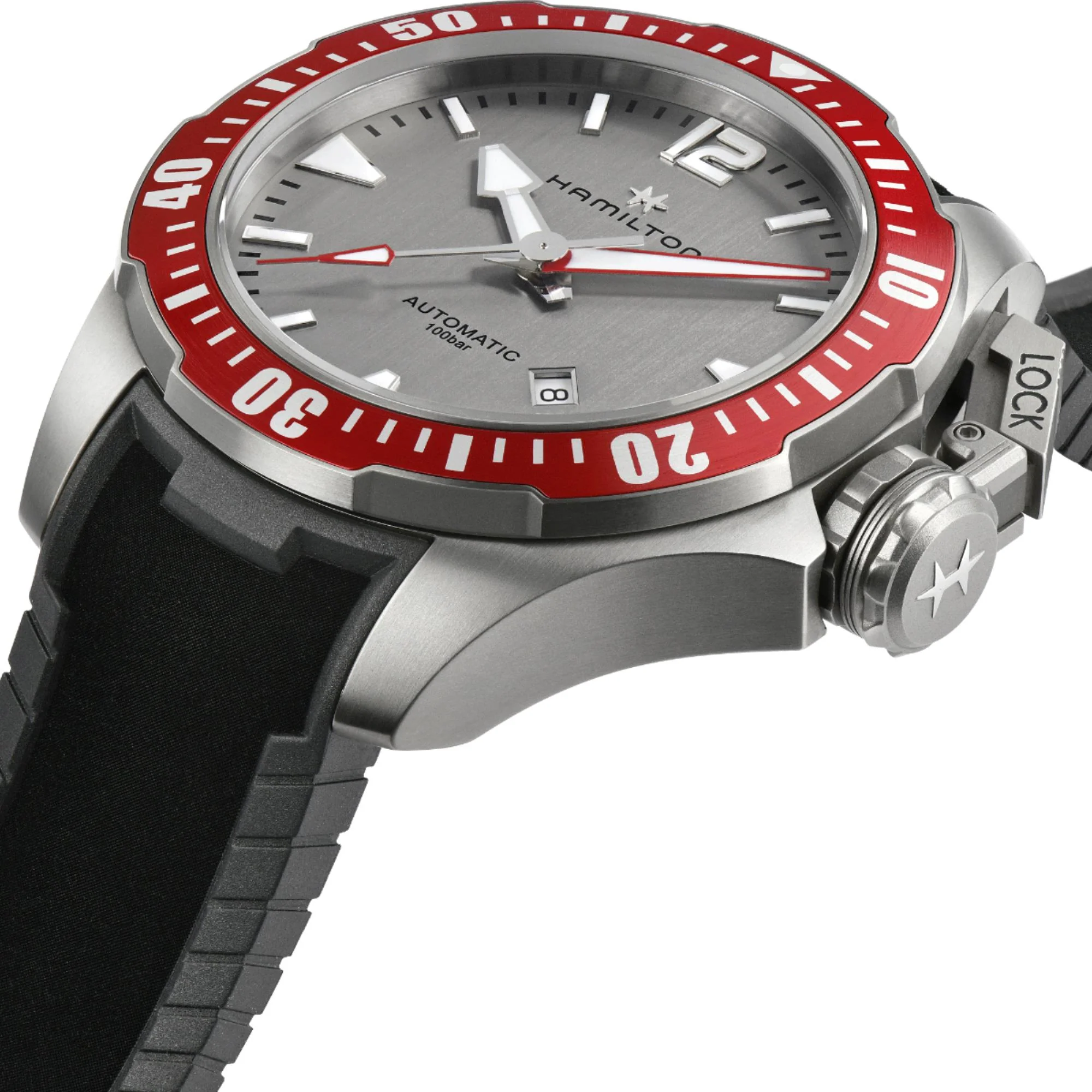 Hamilton Khaki Navy Frogman Titanium Automatic Grey Dial Red Bezel Black Rubber Strap Men's Watch H77805380 - Image 2