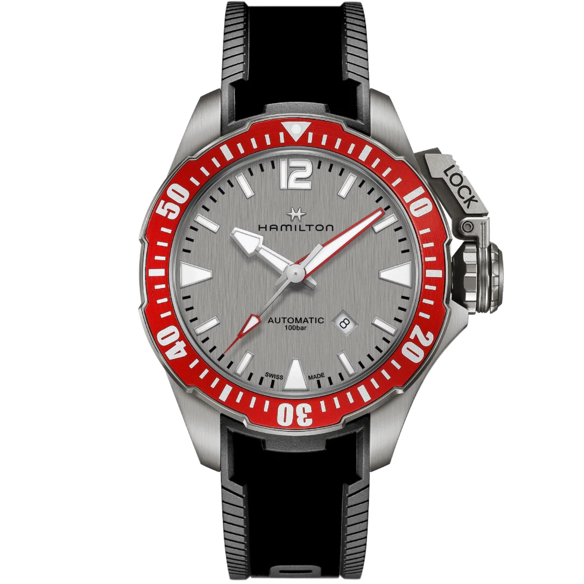 Hamilton Khaki Navy Frogman Titanium Automatic Grey Dial Red Bezel Black Rubber Strap Men's Watch H77805380 - Image 5