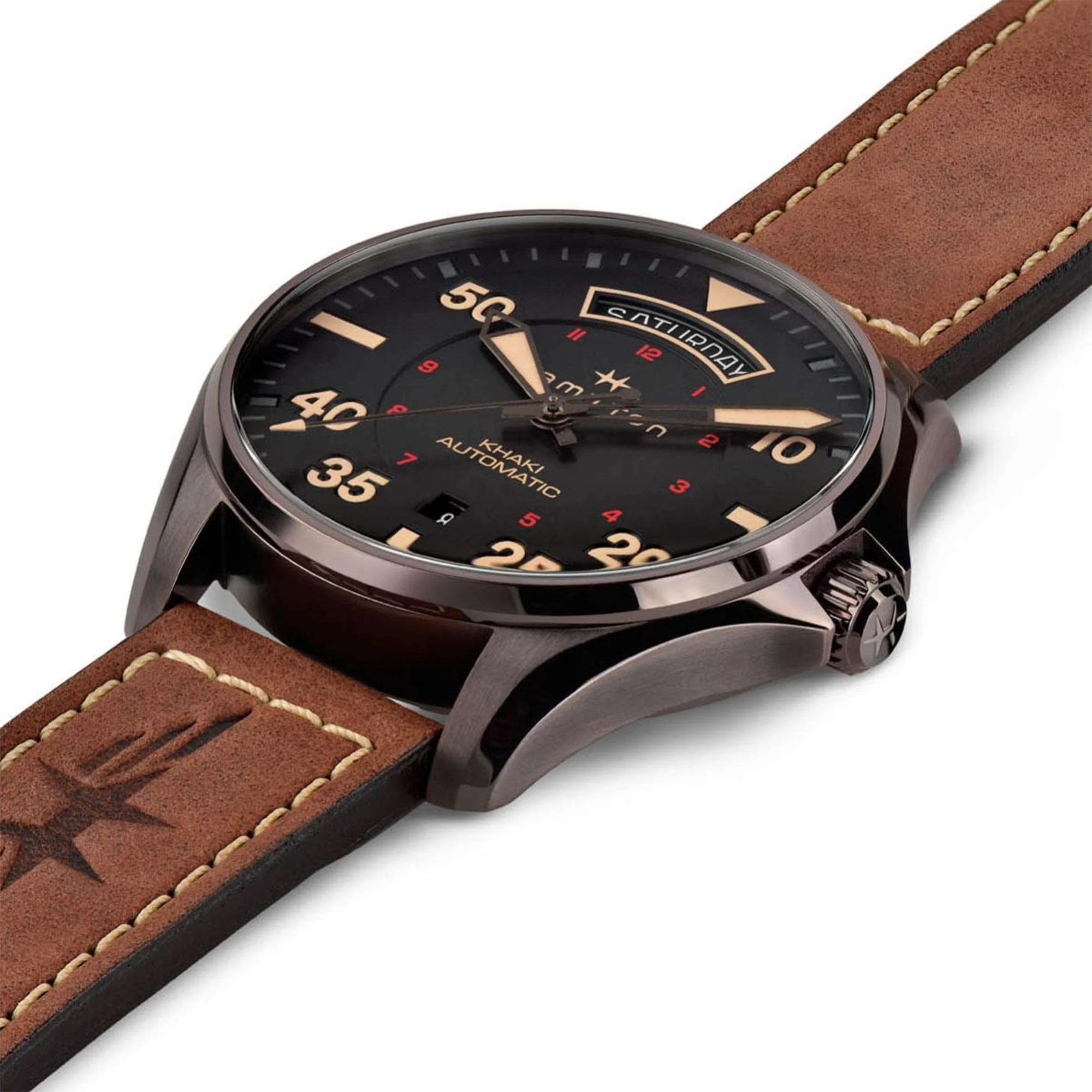 Hamilton Khaki Aviation Day Date Automatic Black Dial Brown Leather Men's Watch H64605531 - Image 4