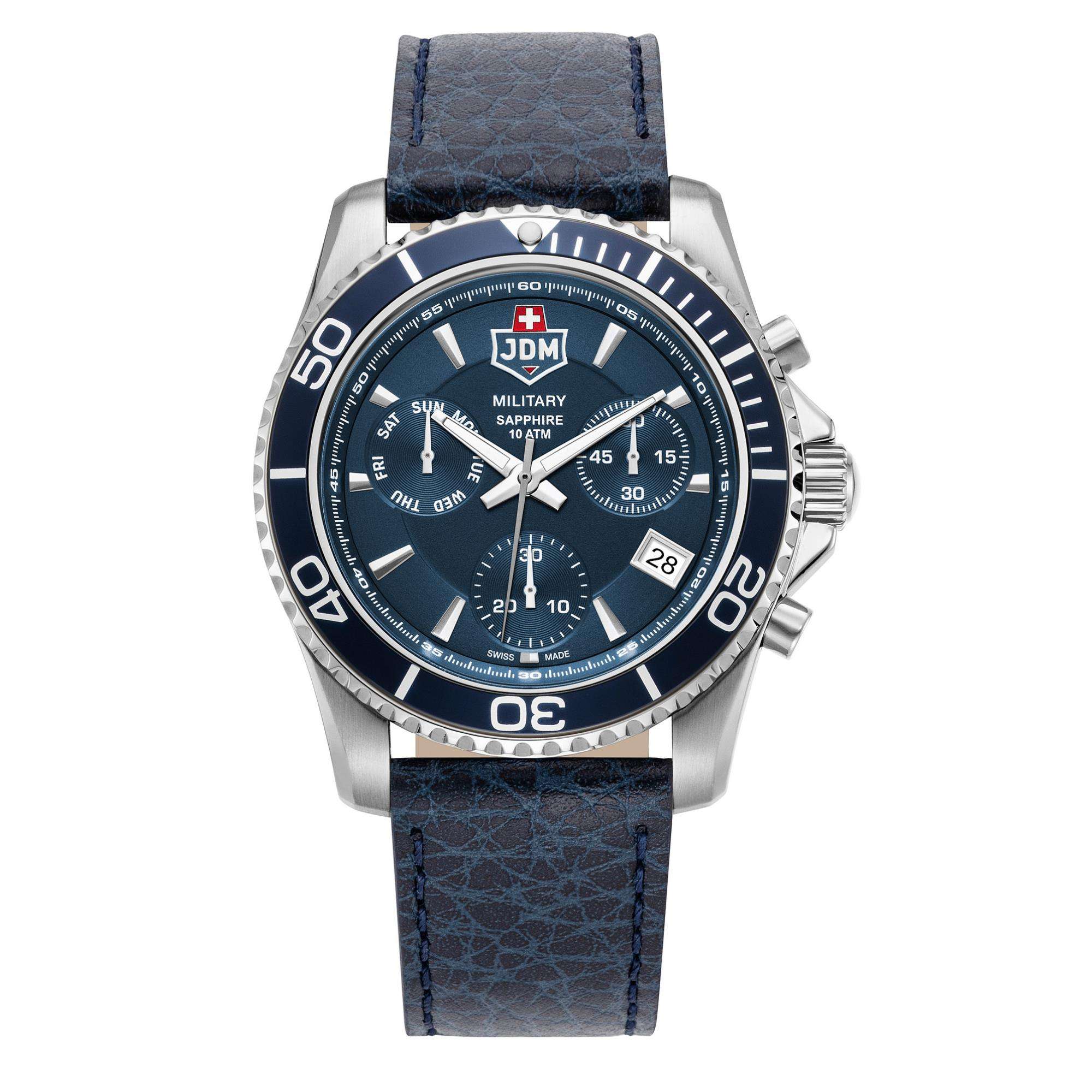 JDM Military Sierra Chrono Blue Dial Leather Strap Men's Watch JDM-WG019-06