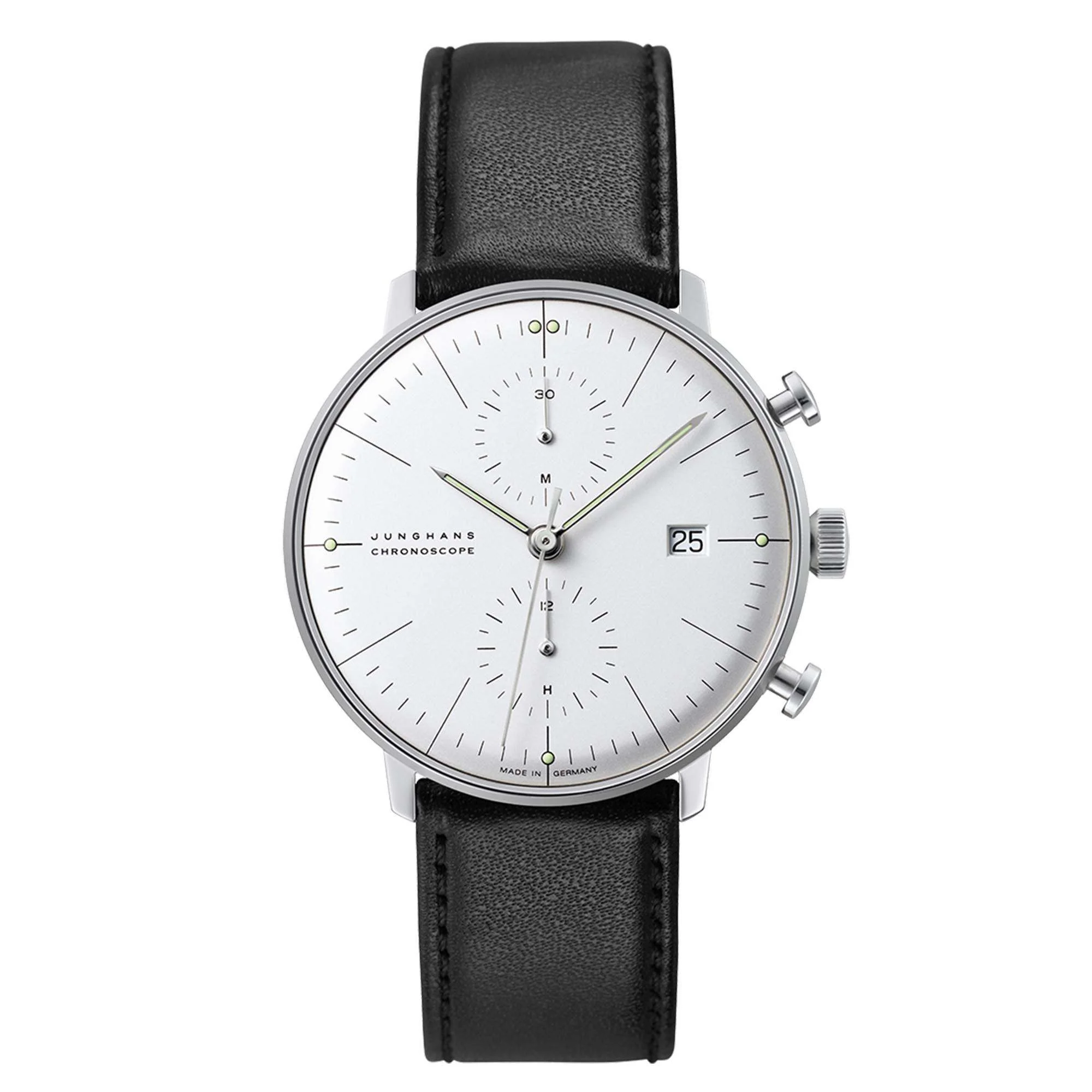 Junghans Max Bill Chronoscope Silver Dial Black Leather Strap Men's 27/4600.04