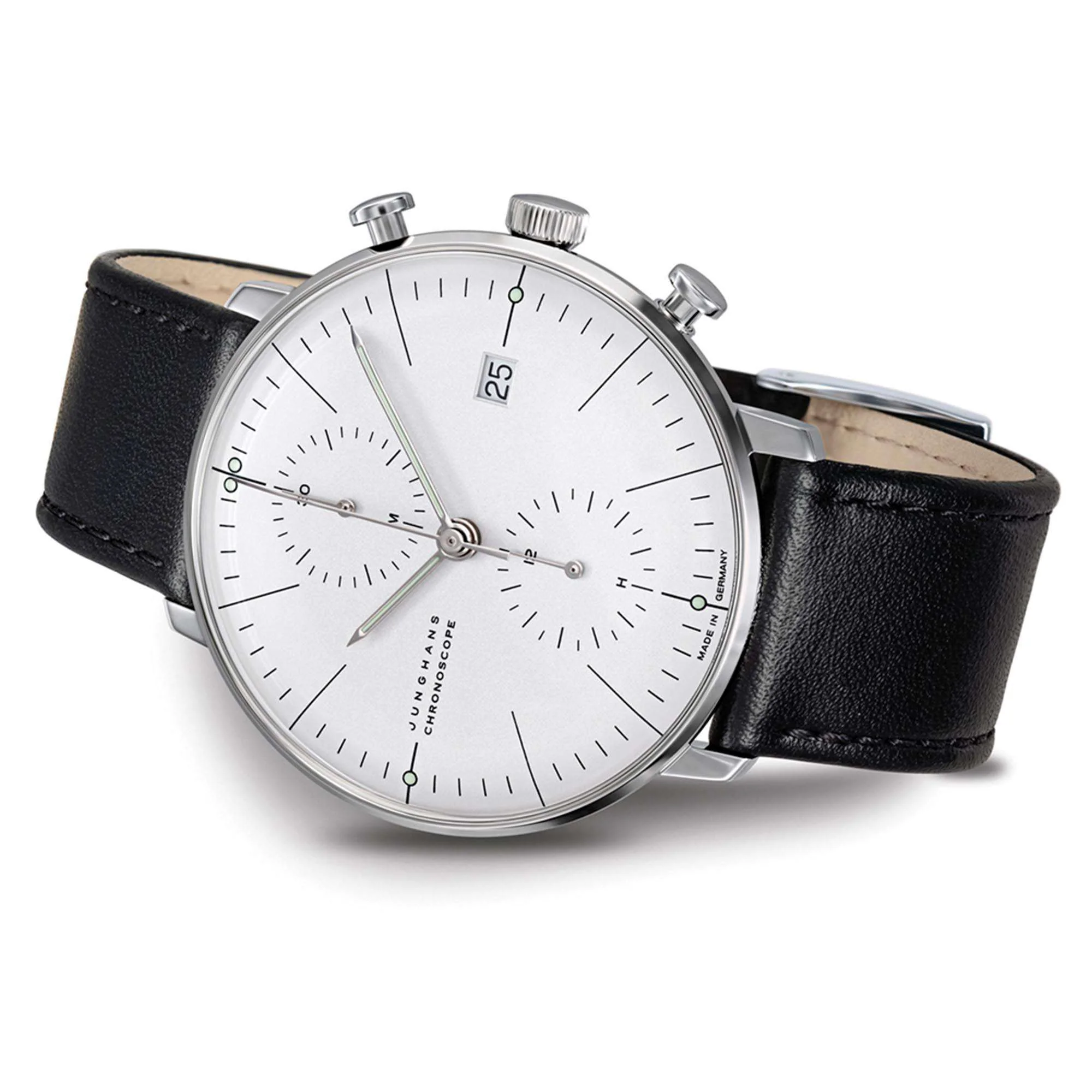 Junghans Max Bill Chronoscope Silver Dial Black Leather Strap Men's 27/4600.04 - Image 3