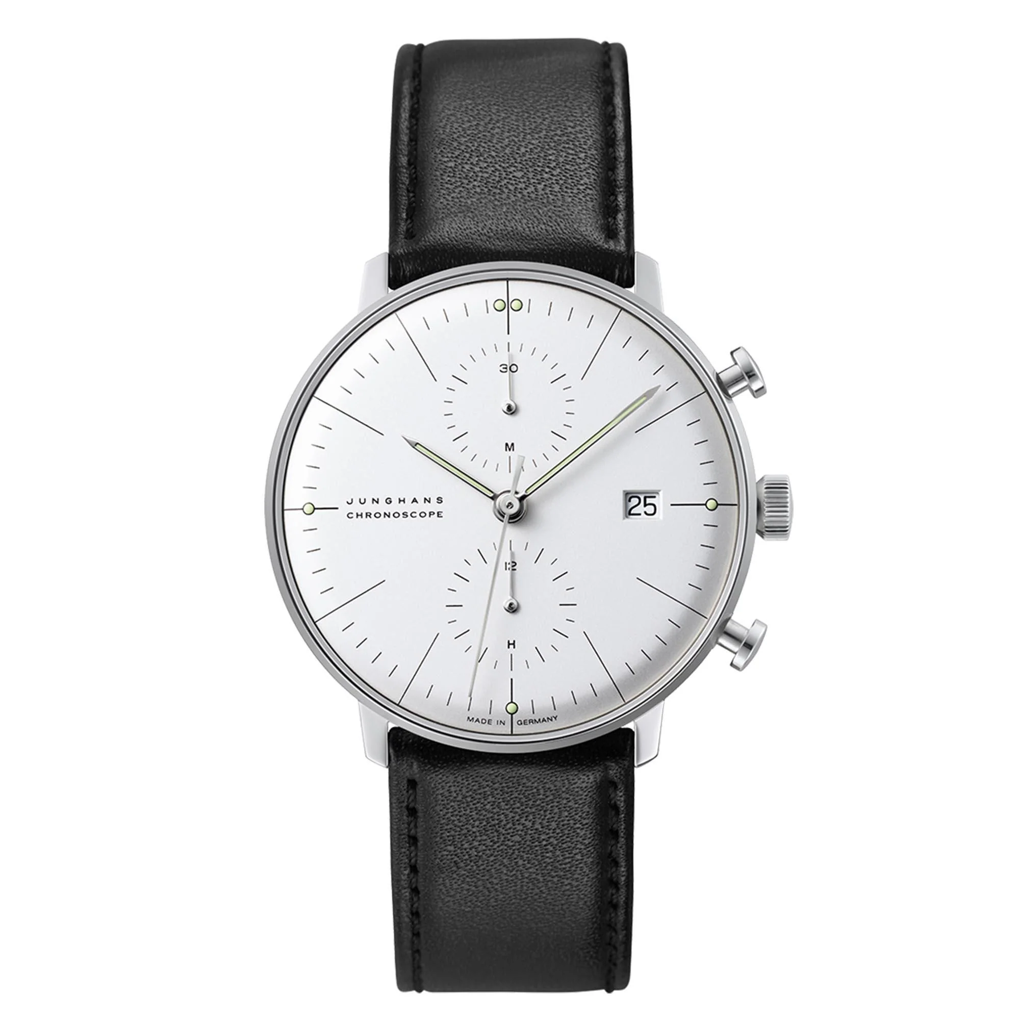 Junghans Max Bill Chronoscope Silver Dial Black Leather Strap Men's 27/4600.04 - Image 5