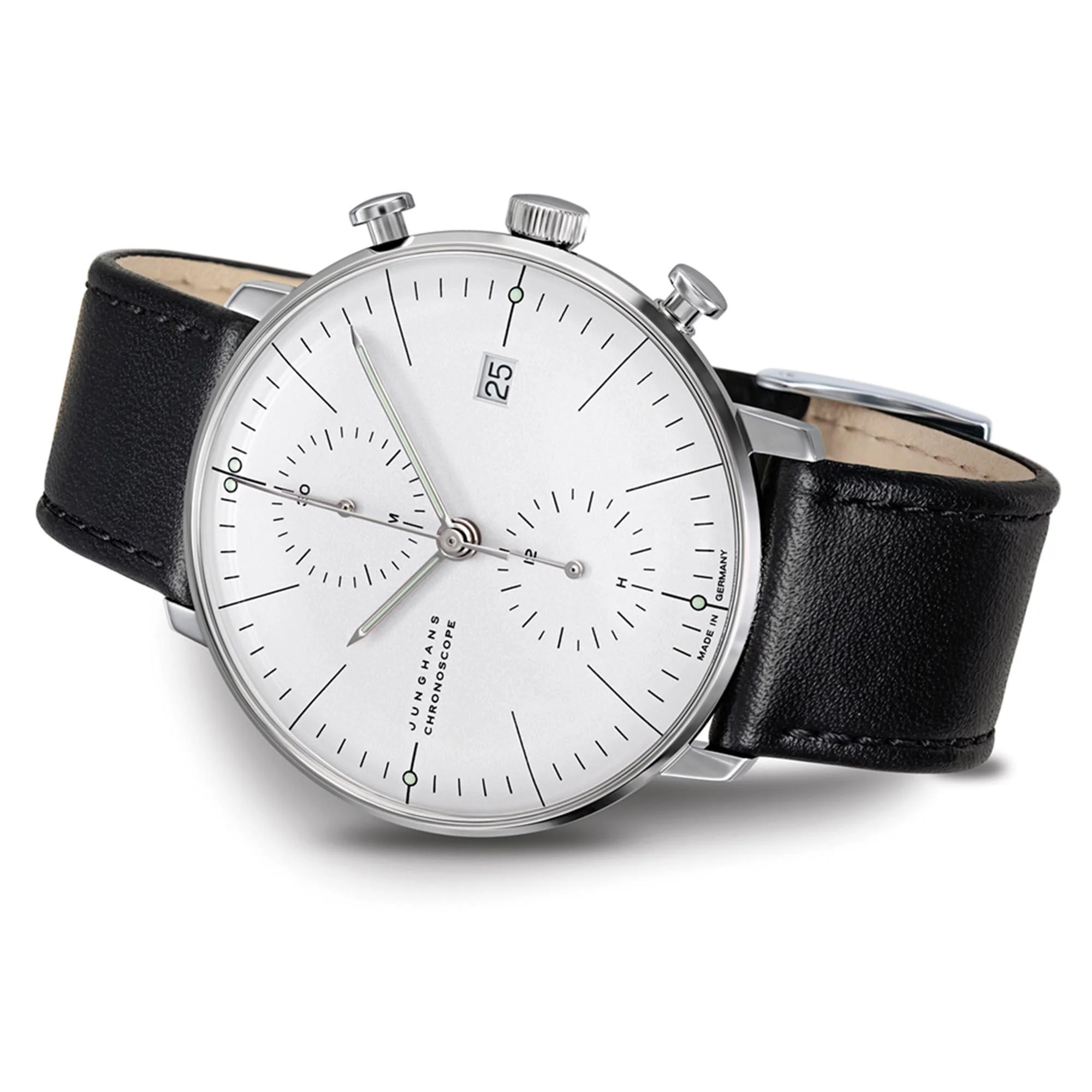 Junghans Max Bill Chronoscope Silver Dial Black Leather Strap Men's 27/4600.04 - Image 9