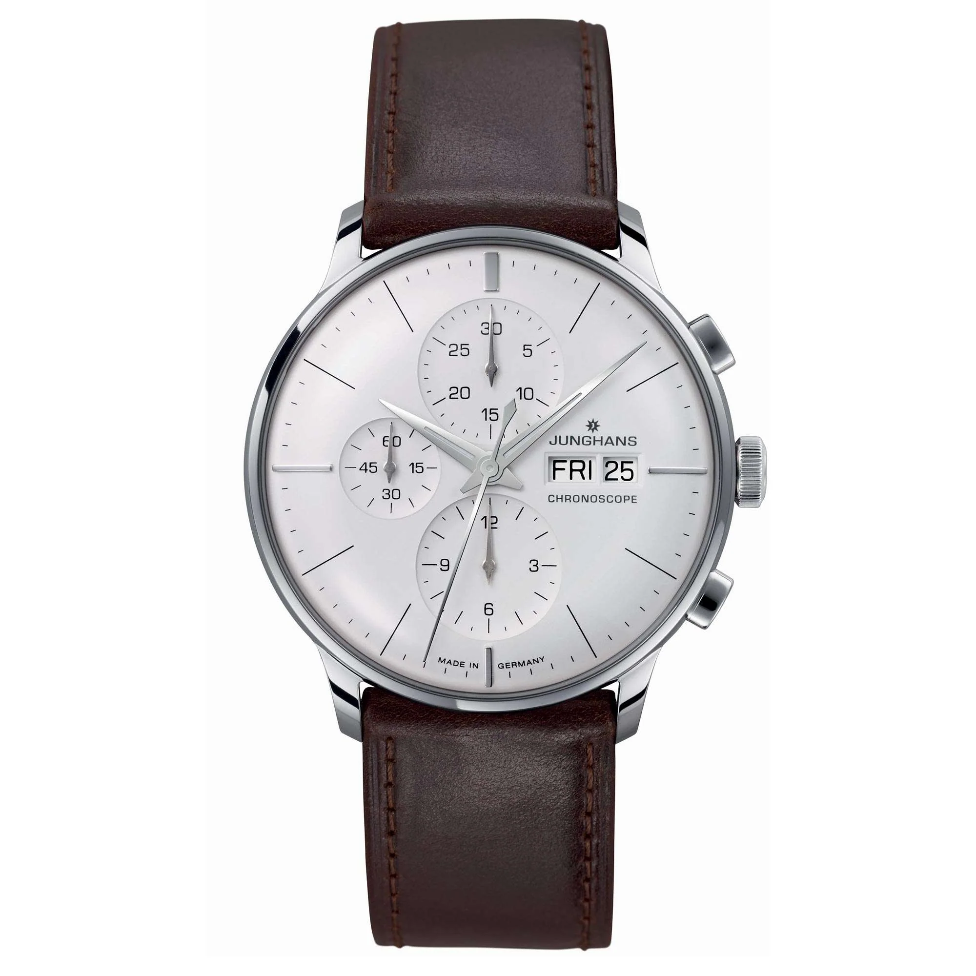 Junghans Meister Chronoscope 027/4120.01 Mechanical Hand Wind Silver Dial Leather Strap Men's Watch - Image 7