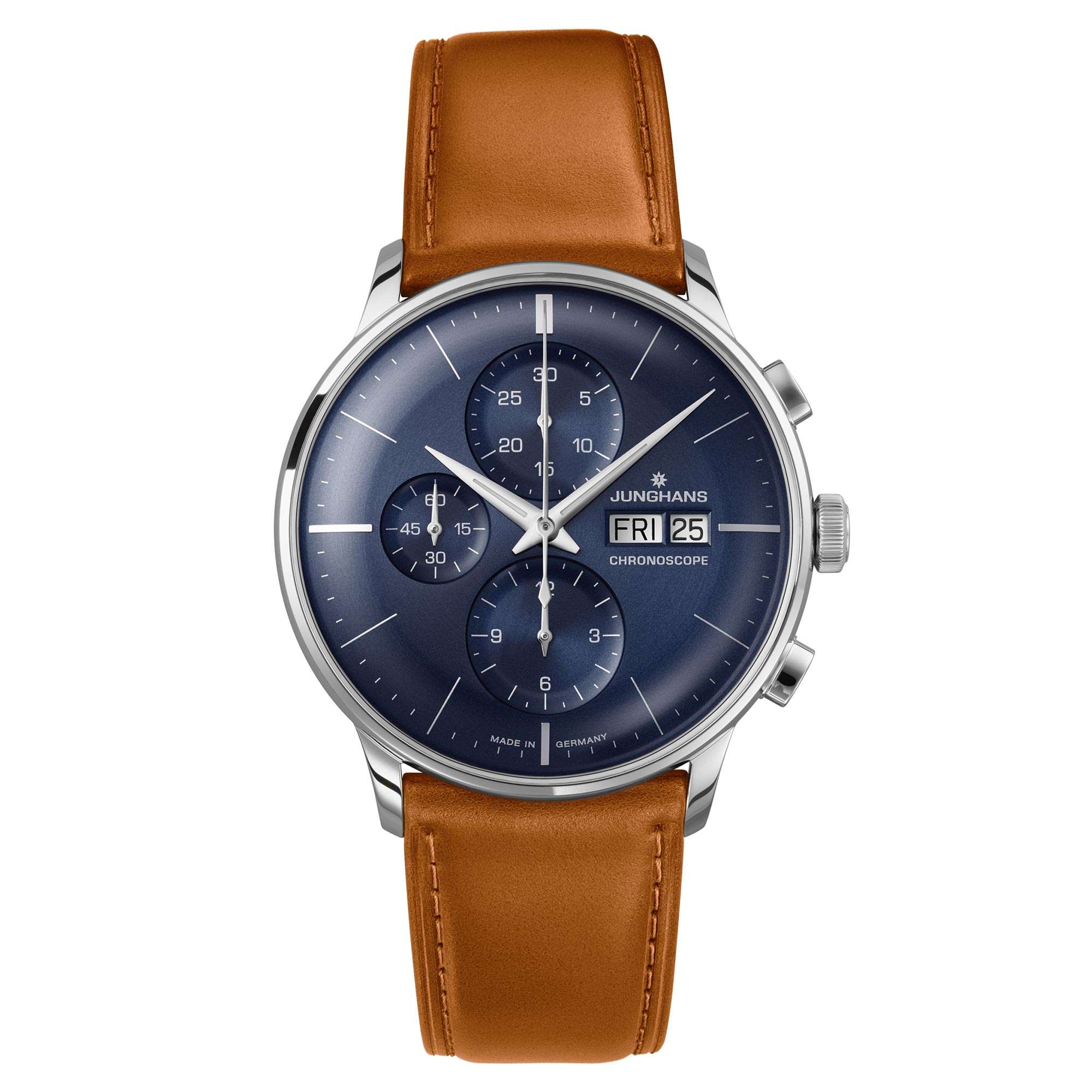 Junghans Meister Chronoscope Mechanical Hand Wind Blue Dial Brown Leather Strap Men's Watch 027/4526.01 - Image 3