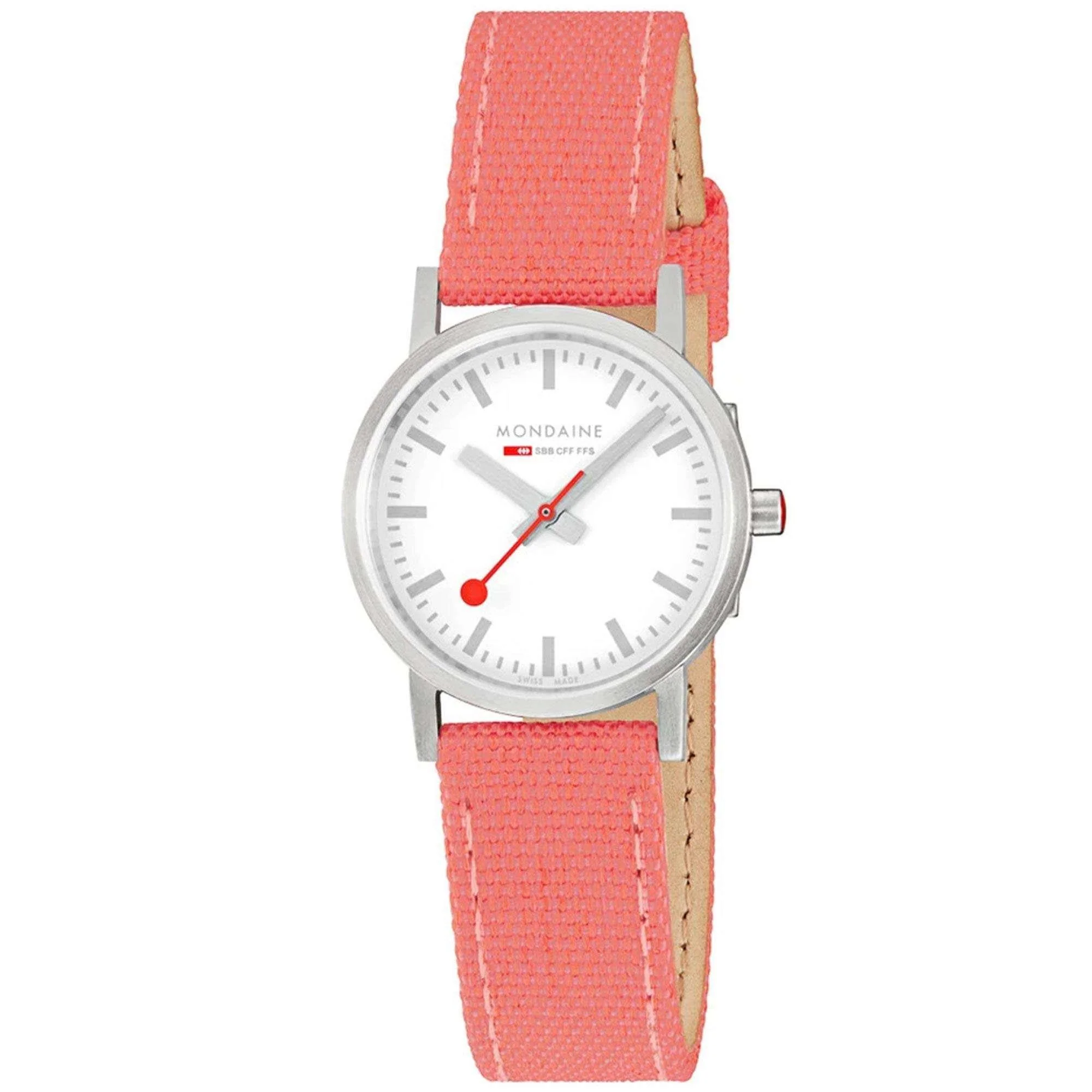 Mondaine Classic Quartz White Dial Coral Red Textile Strap Ladies Watch A658.30323.17SBP - Image 8