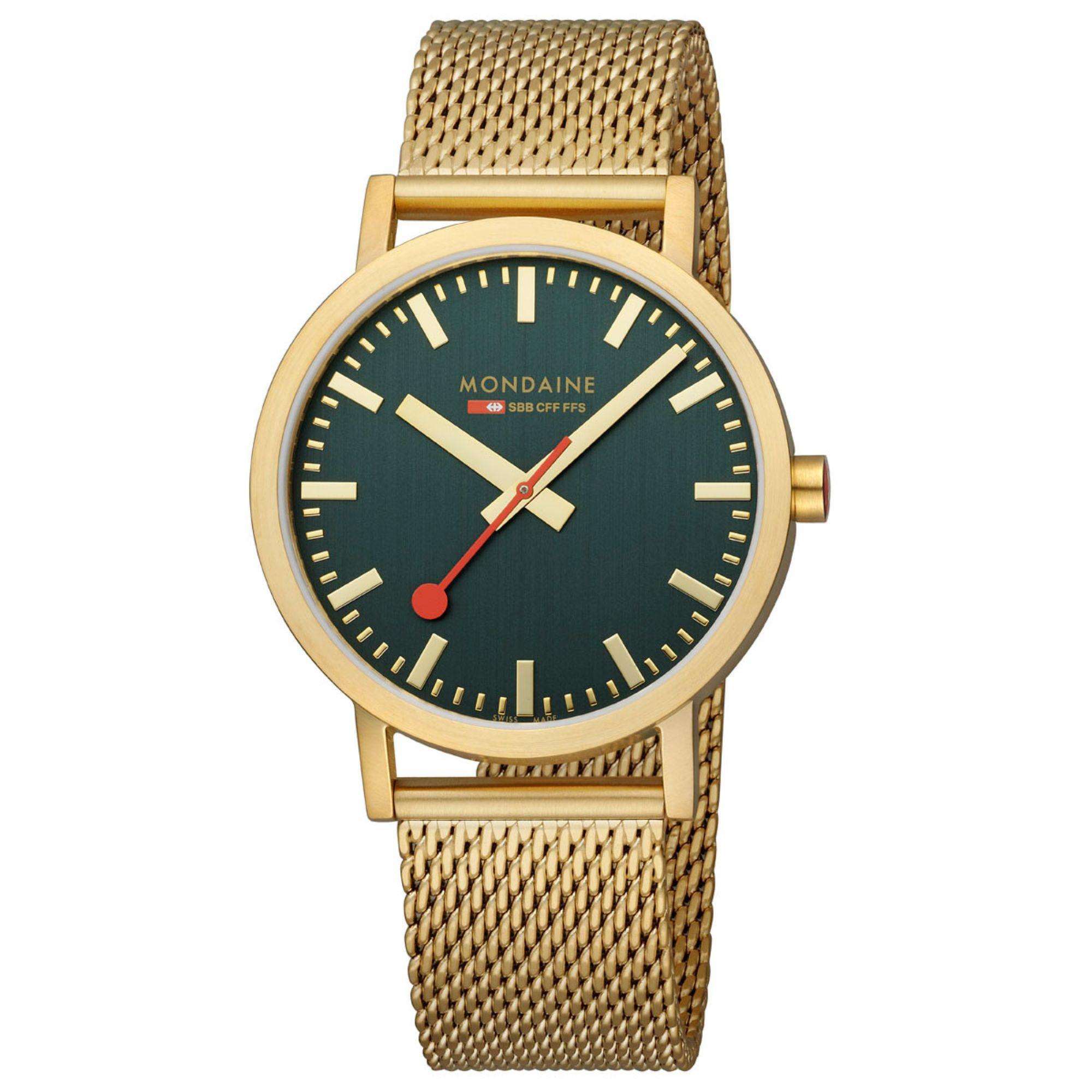 Mondaine Classic IP Gold Mesh Bracelet Green Dial Unisex Watch A660.30360.60SBM - Image 2