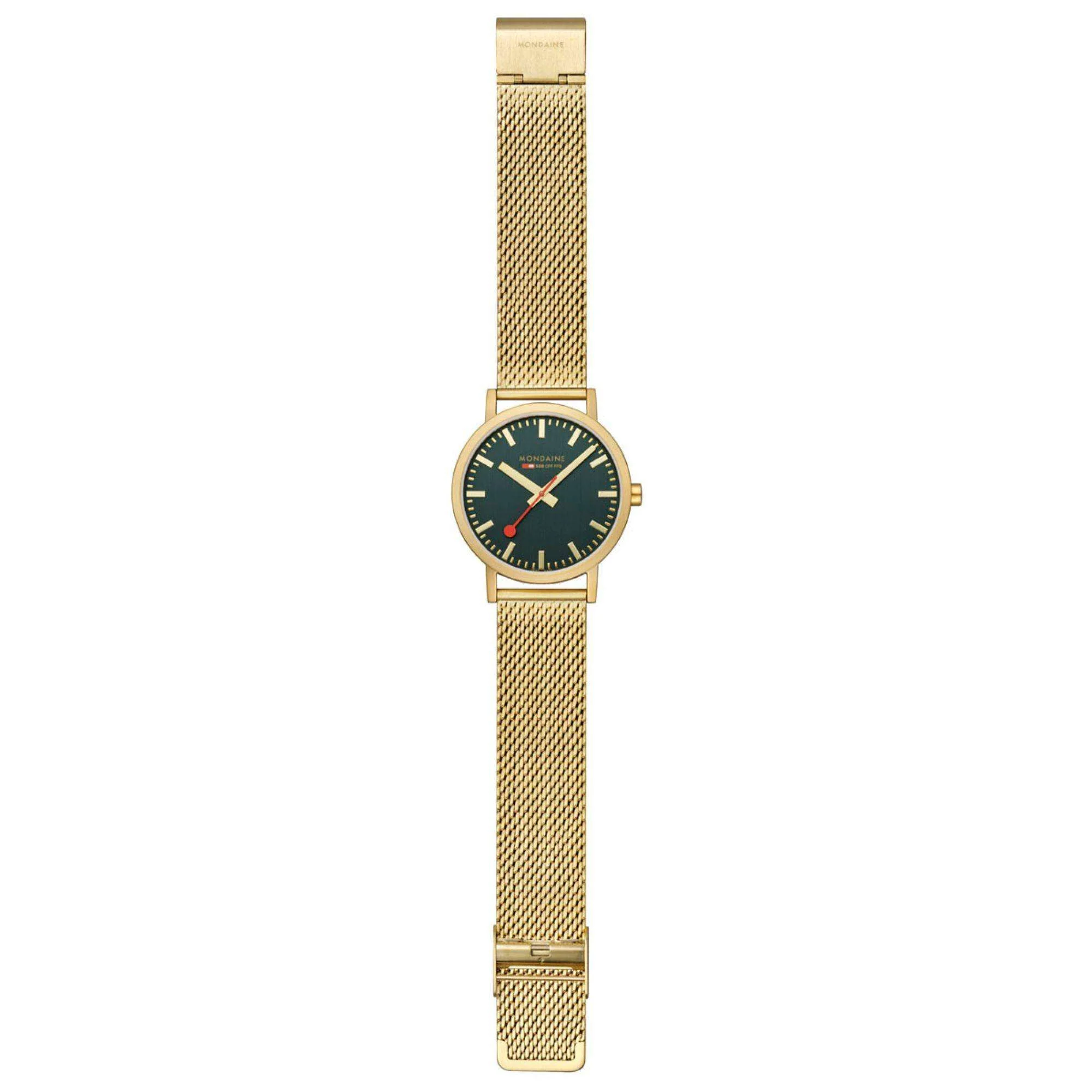 Mondaine Classic IP Gold Mesh Bracelet Green Dial Unisex Watch A660.30360.60SBM - Image 5
