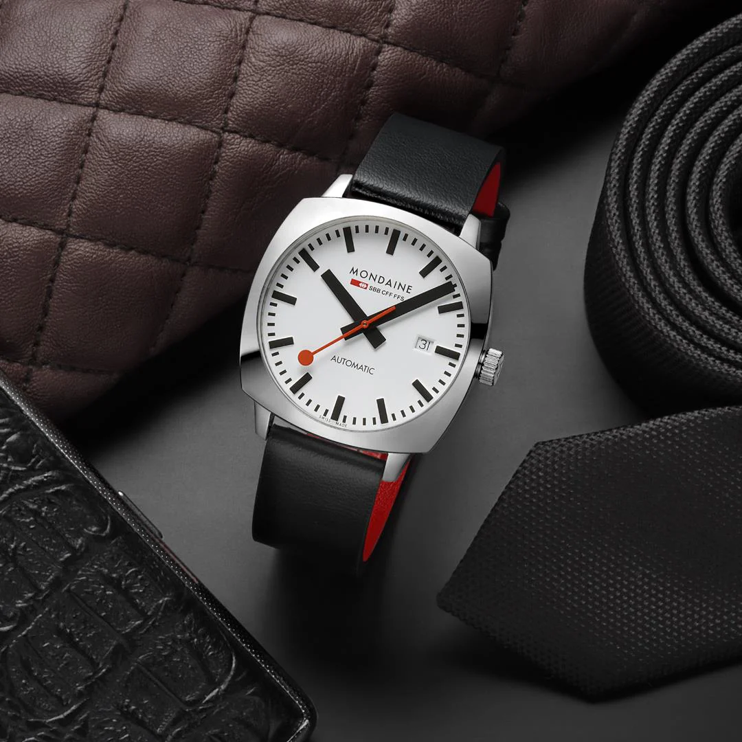 Mondaine Cushion White Dial Vegan Grape Leather Strap Men's Watch MSL.3961B.LBV - Image 11