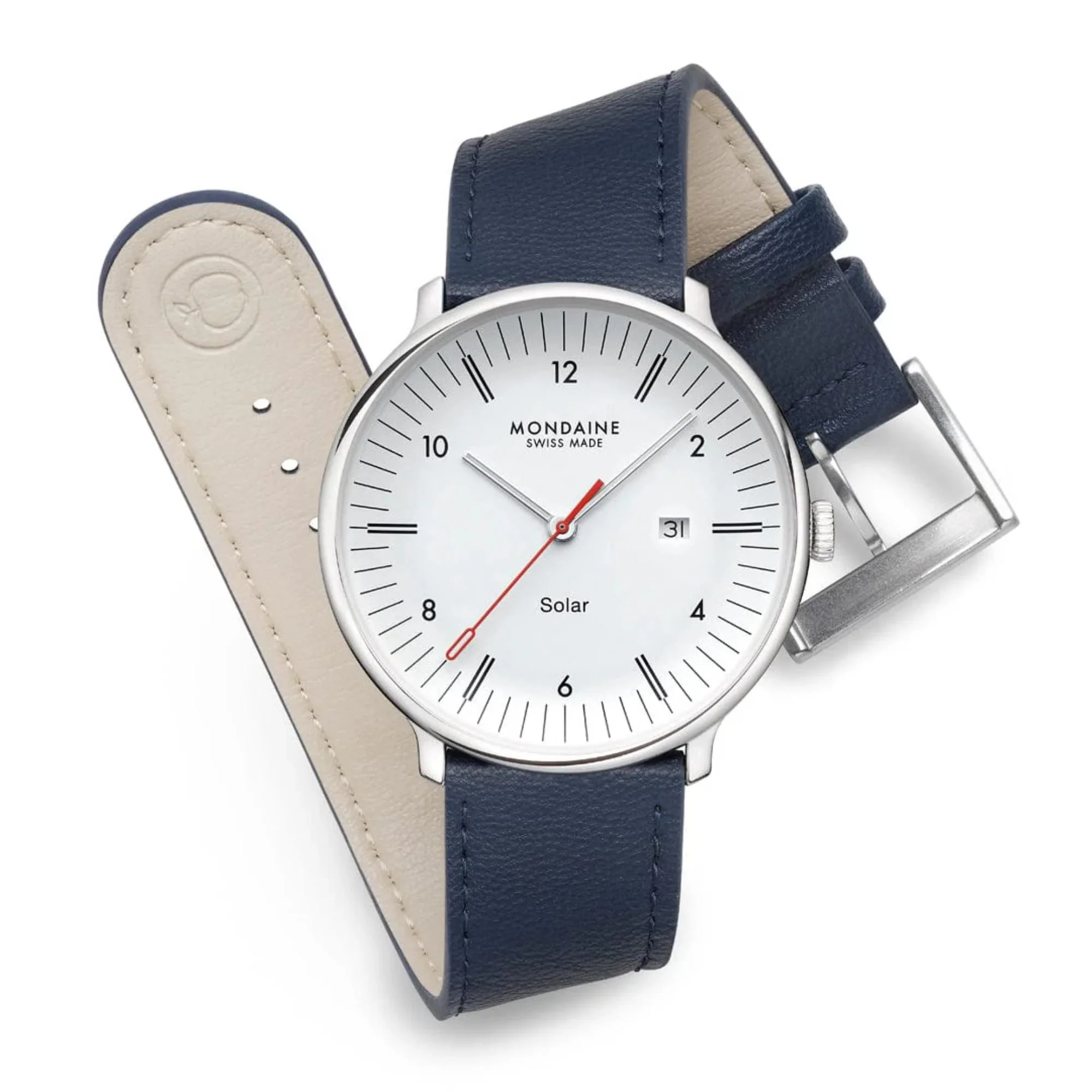 Mondaine Doppio Solar White Dial Leather Strap Men's Watch MLE.41910.LDV - Image 6