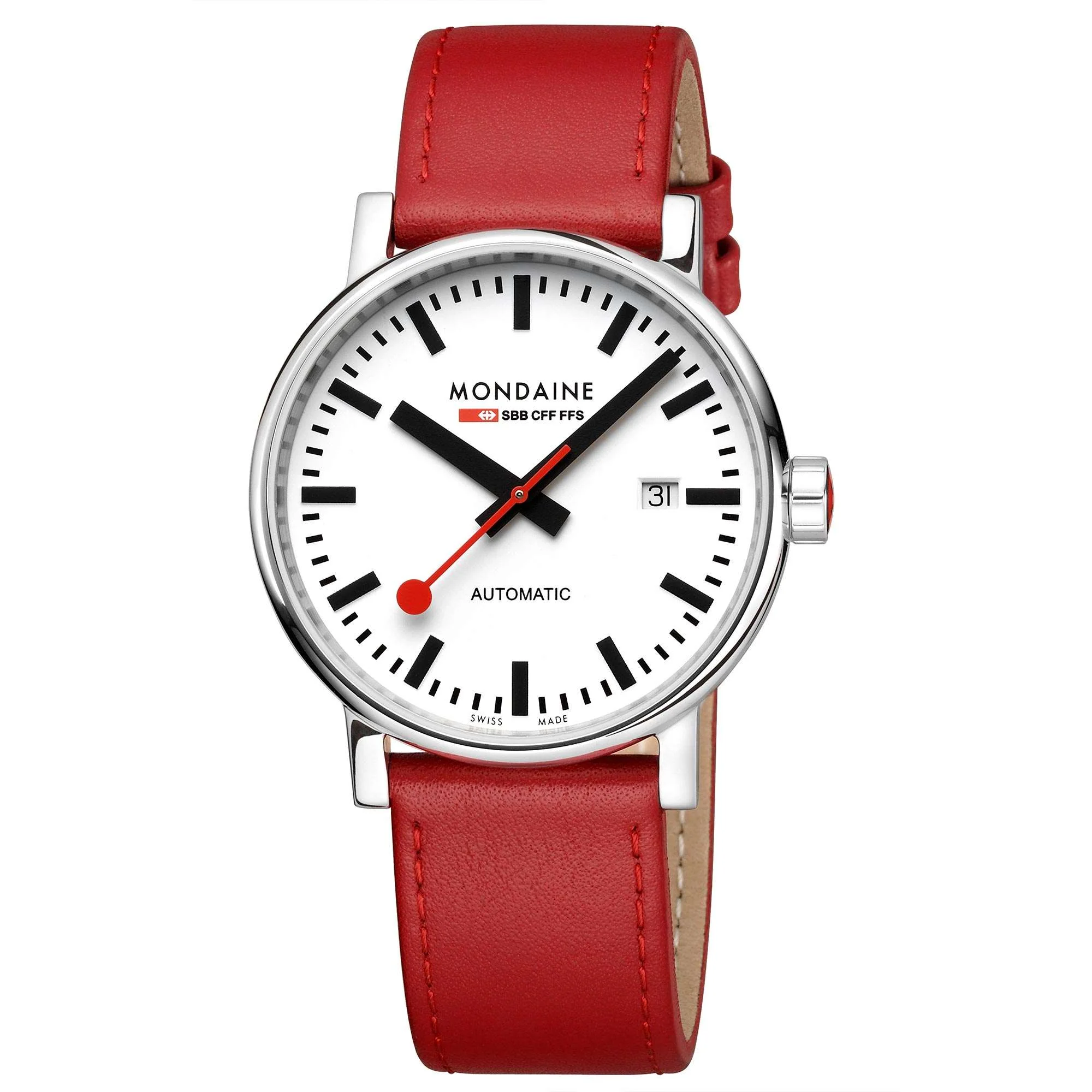 Mondaine Evo2 Automatic White Dial Red Leather Strap Men's Watch MSE.40610.LC - Image 3