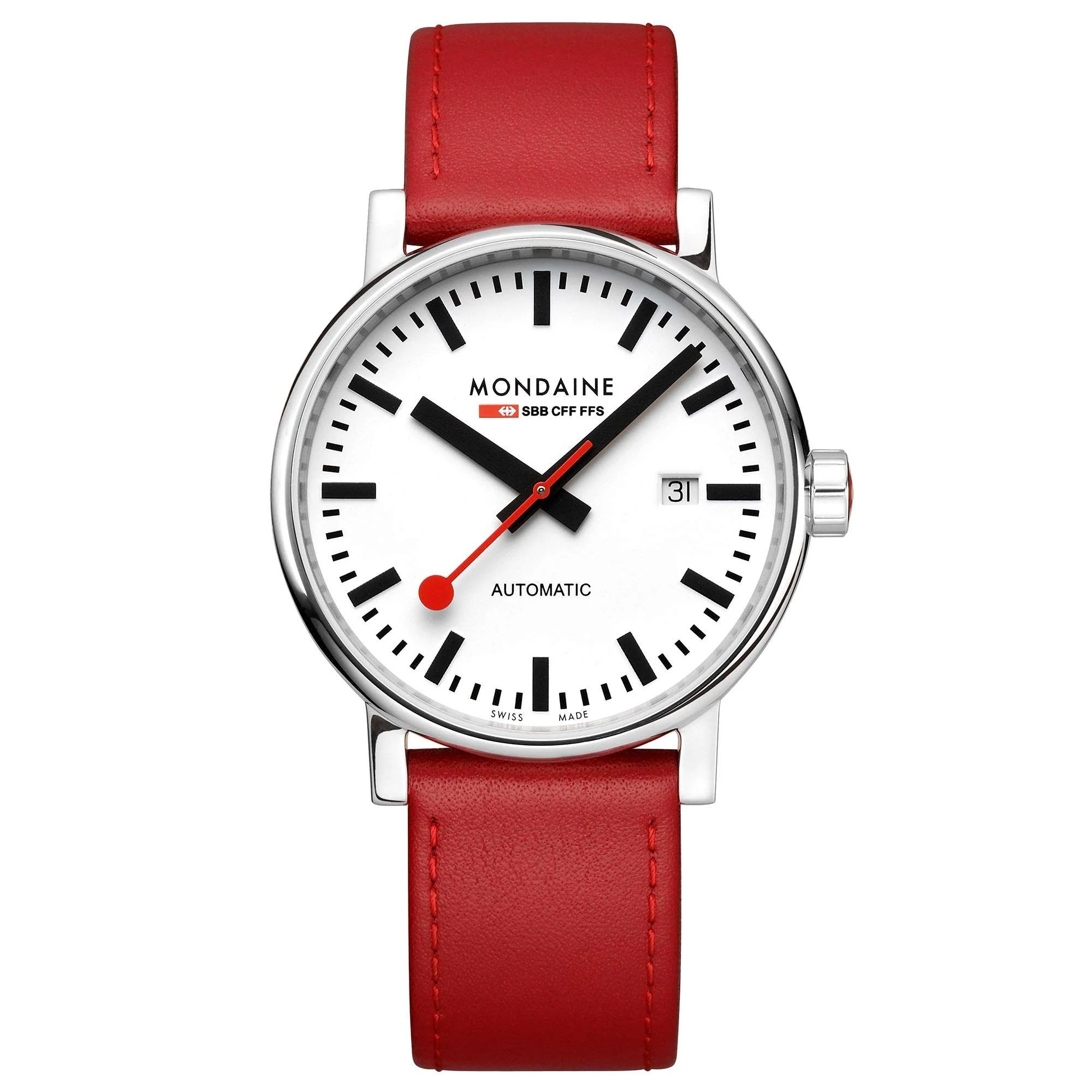 Mondaine Evo2 Automatic White Dial Red Leather Strap Men's Watch MSE.40610.LC - Image 6