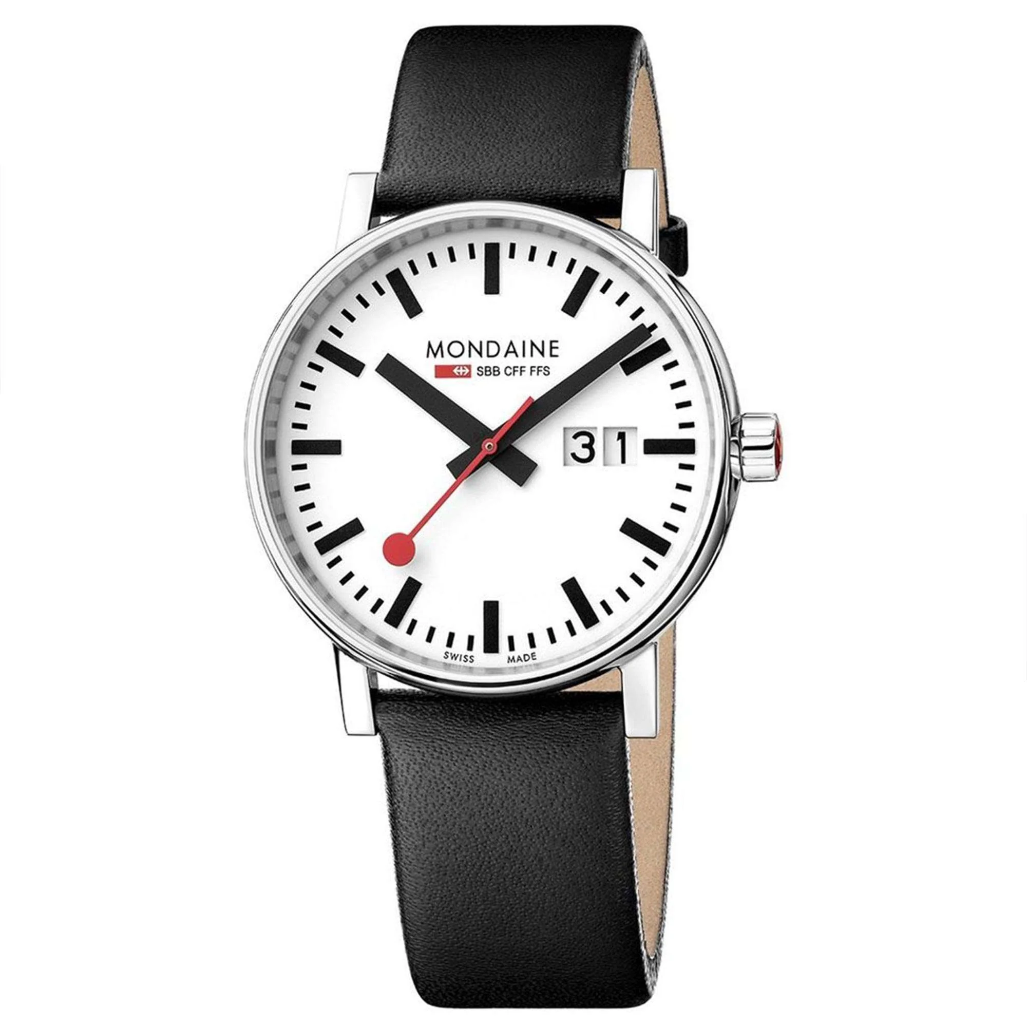 Mondaine evo2 Big Black Leather Strap White Dial Unisex Watch MSE.40210.LB - Image 11