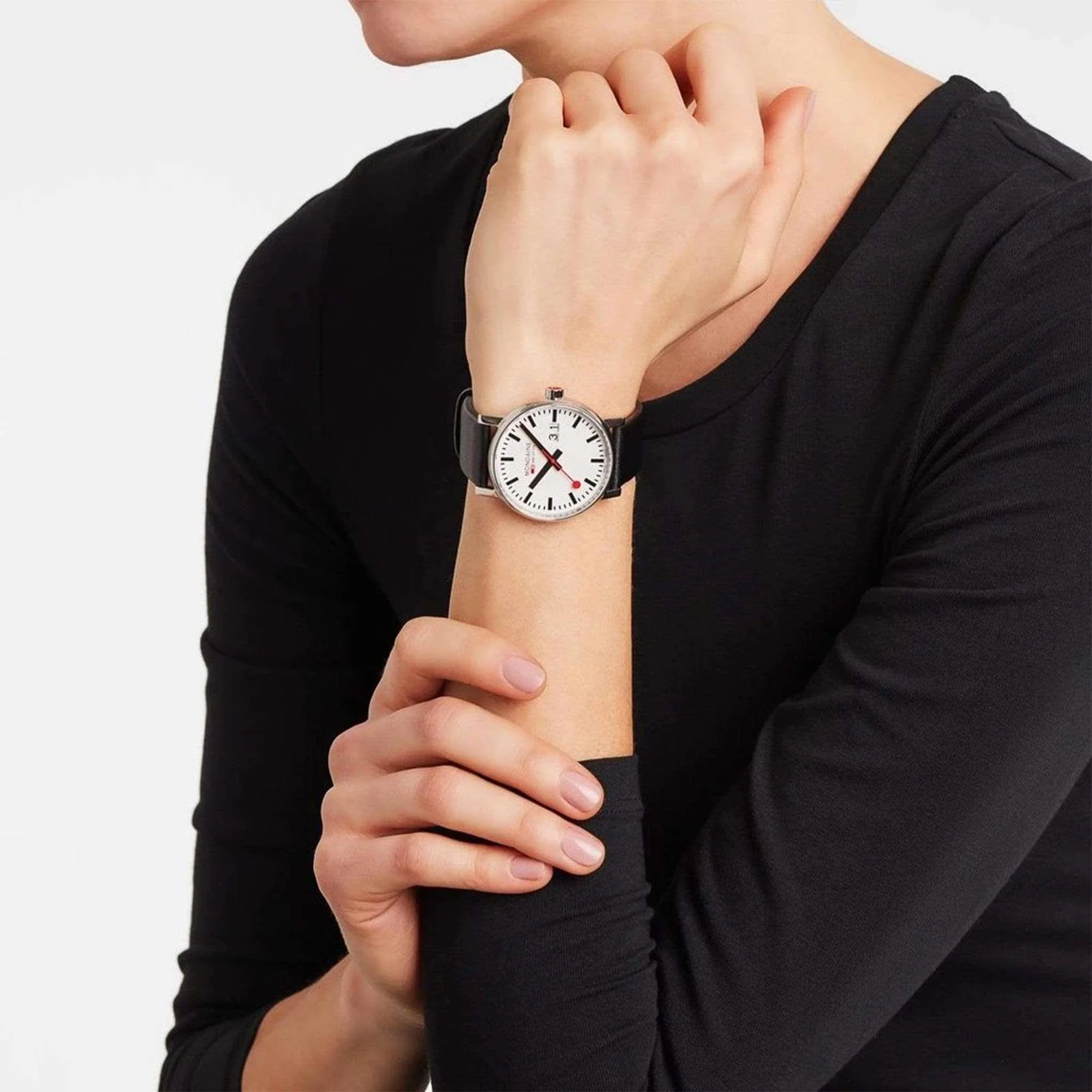 Mondaine evo2 Big Black Leather Strap White Dial Unisex Watch MSE.40210.LB - Image 9