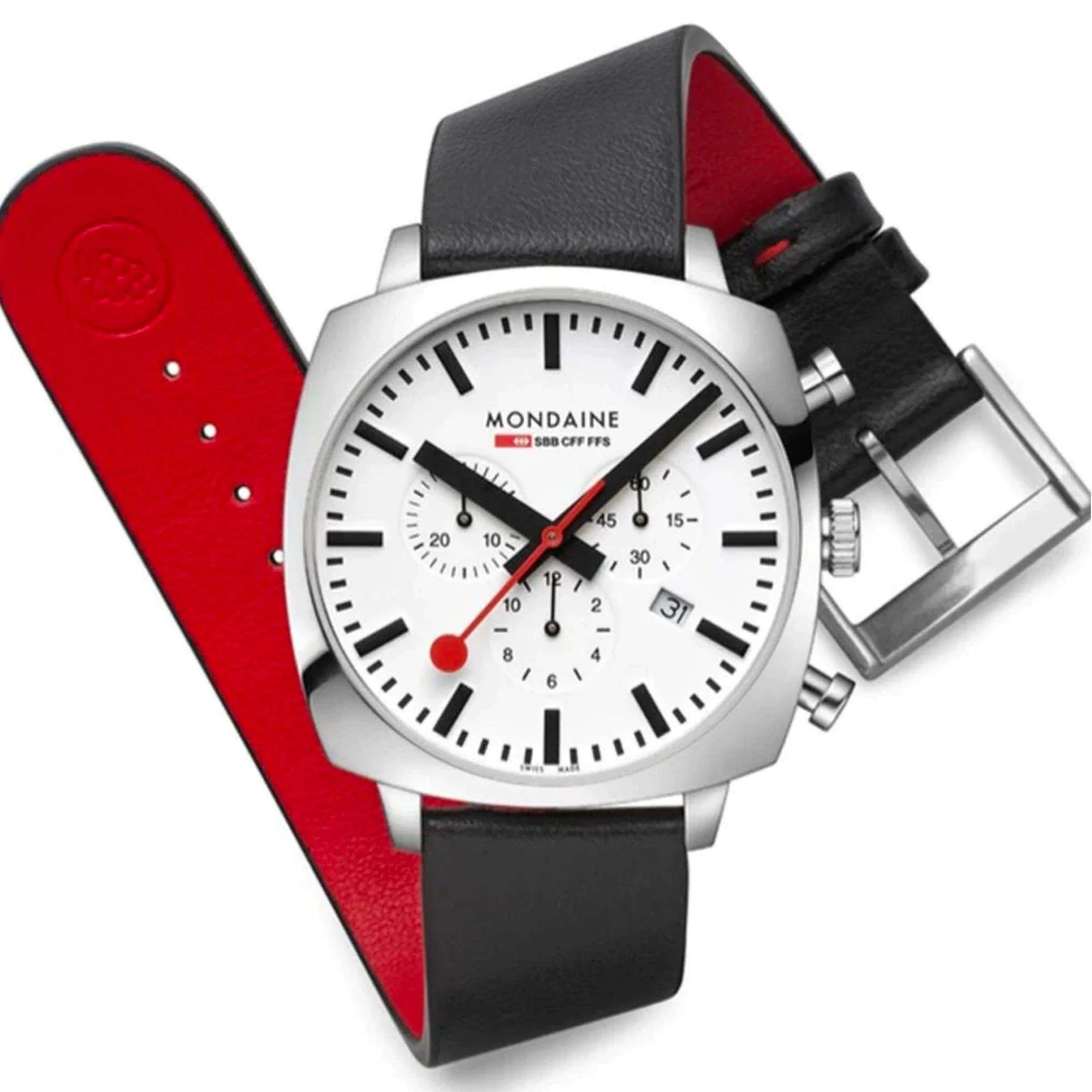 Mondaine Grand Cushion Chronograph Quartz White Dial Leather Strap Men's Watch MSL.41410.LBV.SET - Image 5