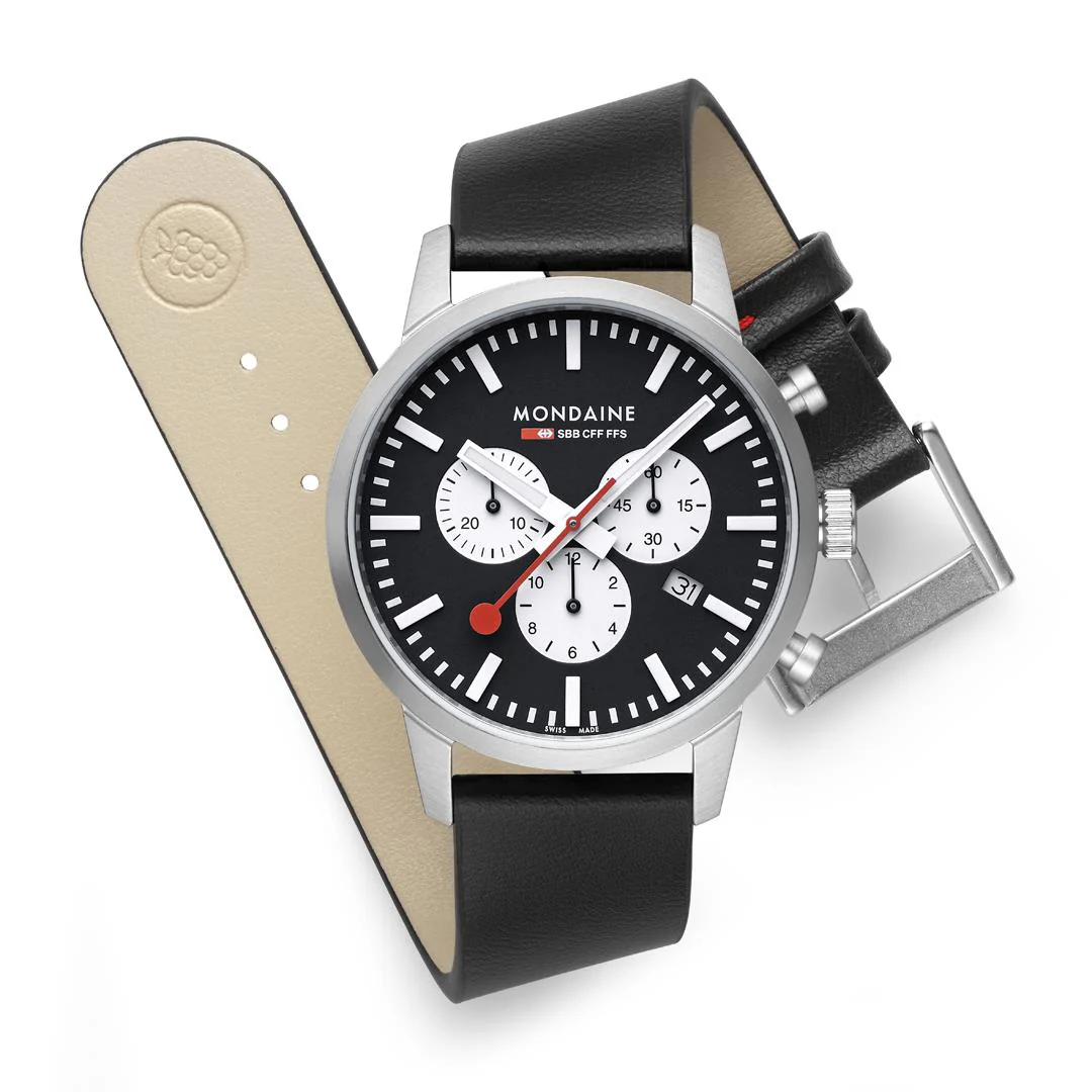 Mondaine Neo Chrono Black Dial Leather Strap Men's Watch MSD.41420.LBV - Image 11