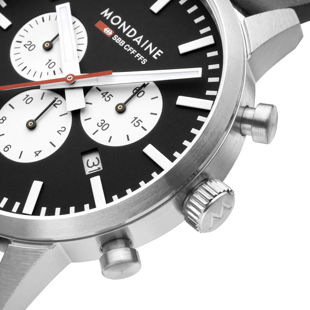 Mondaine Neo Chrono Black Dial Leather Strap Men's Watch MSD.41420.LBV - Image 5